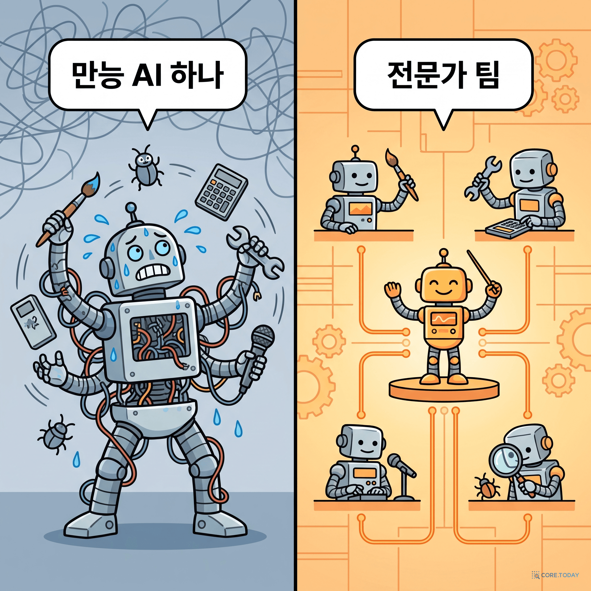 만능 AI 하나 vs 전문가 팀 — 하나가 모든 것을 저글링하다 지치는 왼쪽, 각자 하나에 집중하는 오른쪽