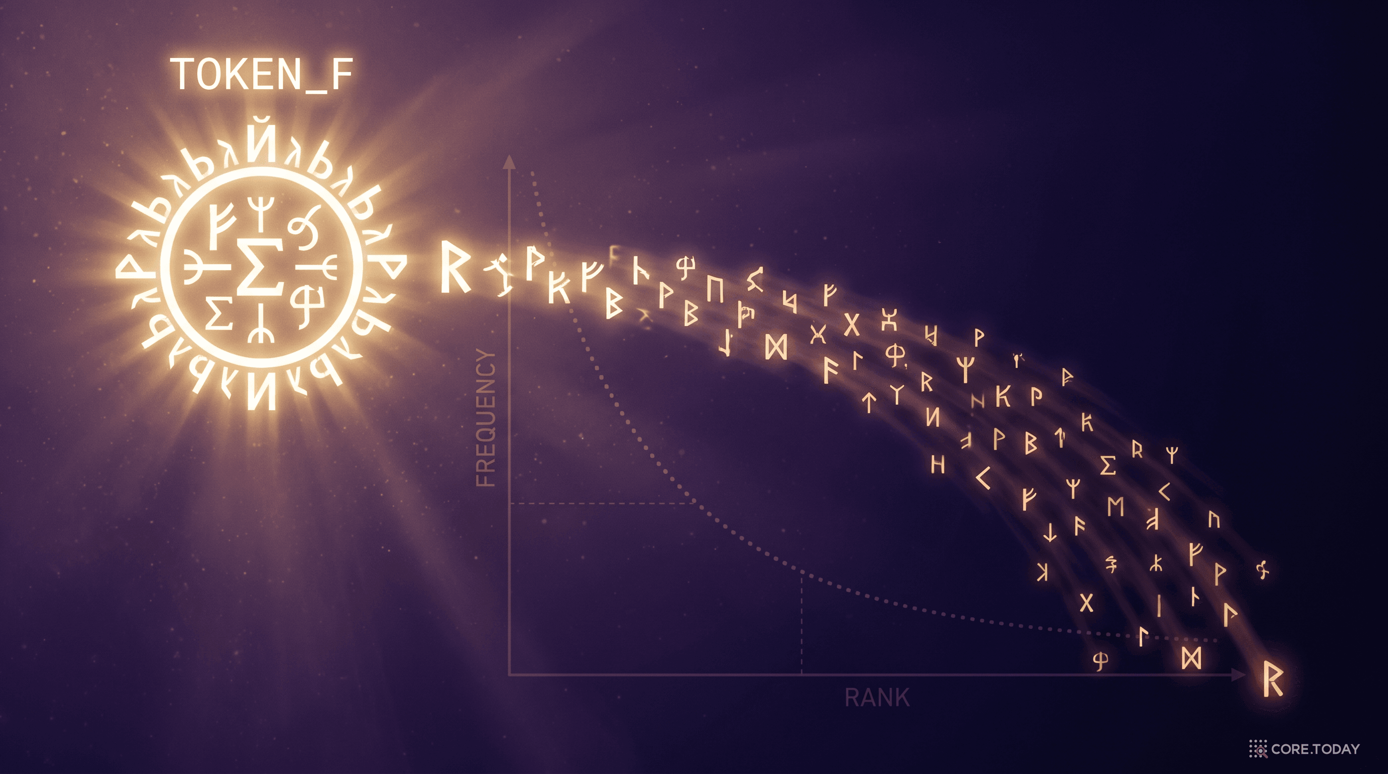 64개 추상 토큰의 Zipf 법칙 — TOKEN_F가 가장 빈번하게 등장하는 "추상 언어의 the"