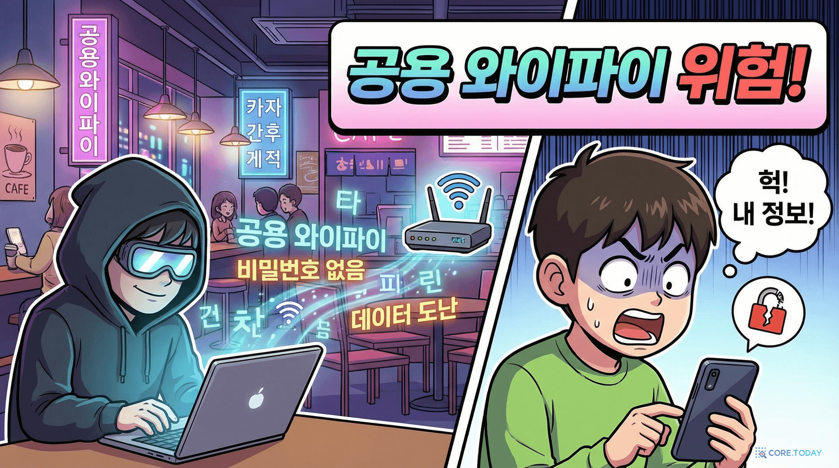 카페 와이파이에서 해커가 데이터를 엿듣는 위험한 장면