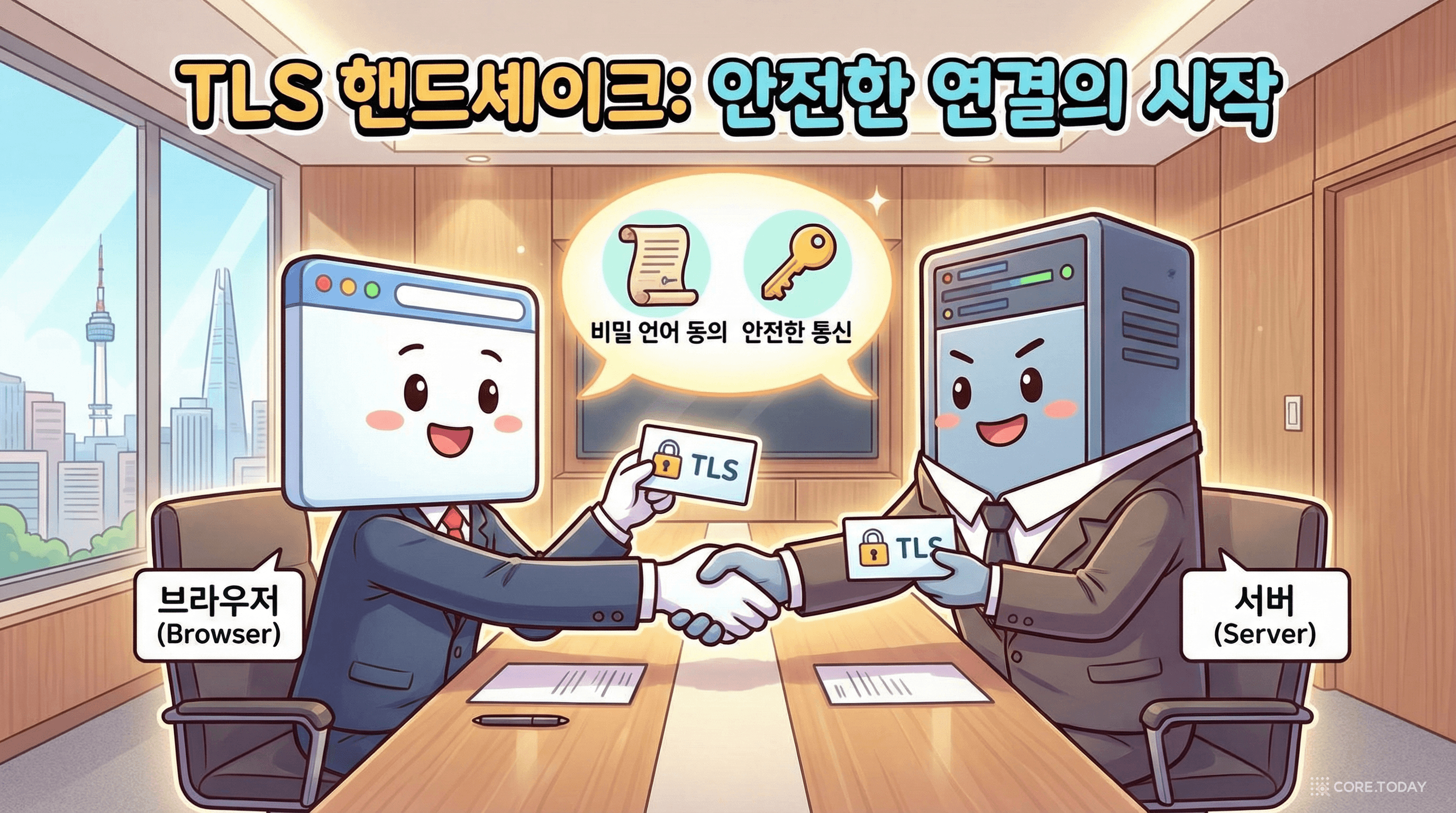 두 컴퓨터가 인증서와 키를 교환하는 TLS 핸드셰이크 의식