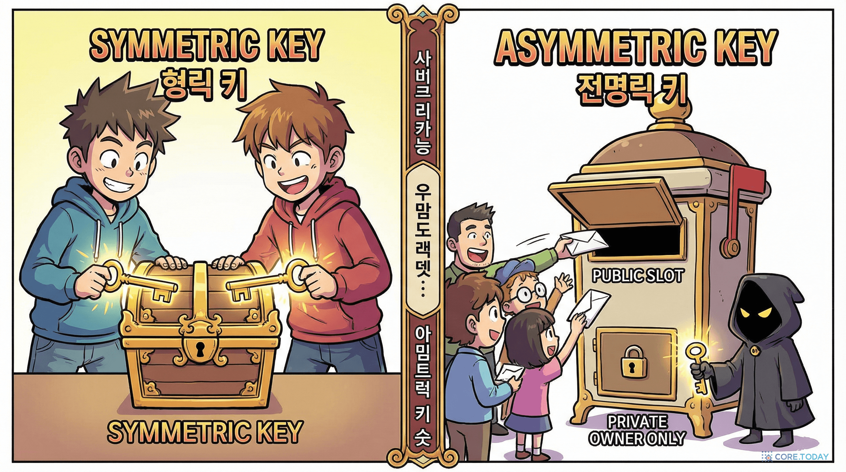 대칭 암호화와 비대칭 암호화를 열쇠와 우편함에 비유한 그림