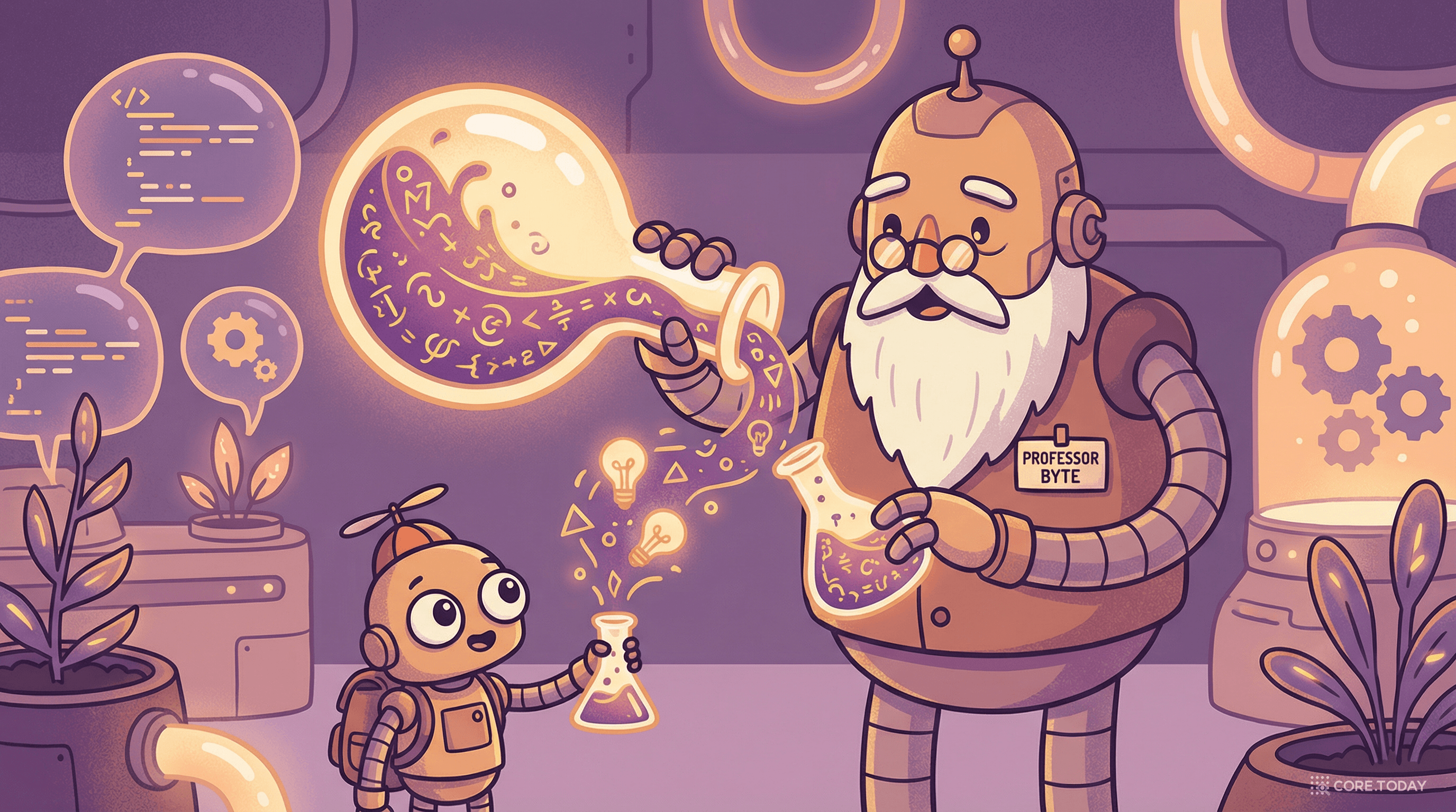 증류 — 큰 로봇이 작은 로봇에게 지식을 전수하는 모습