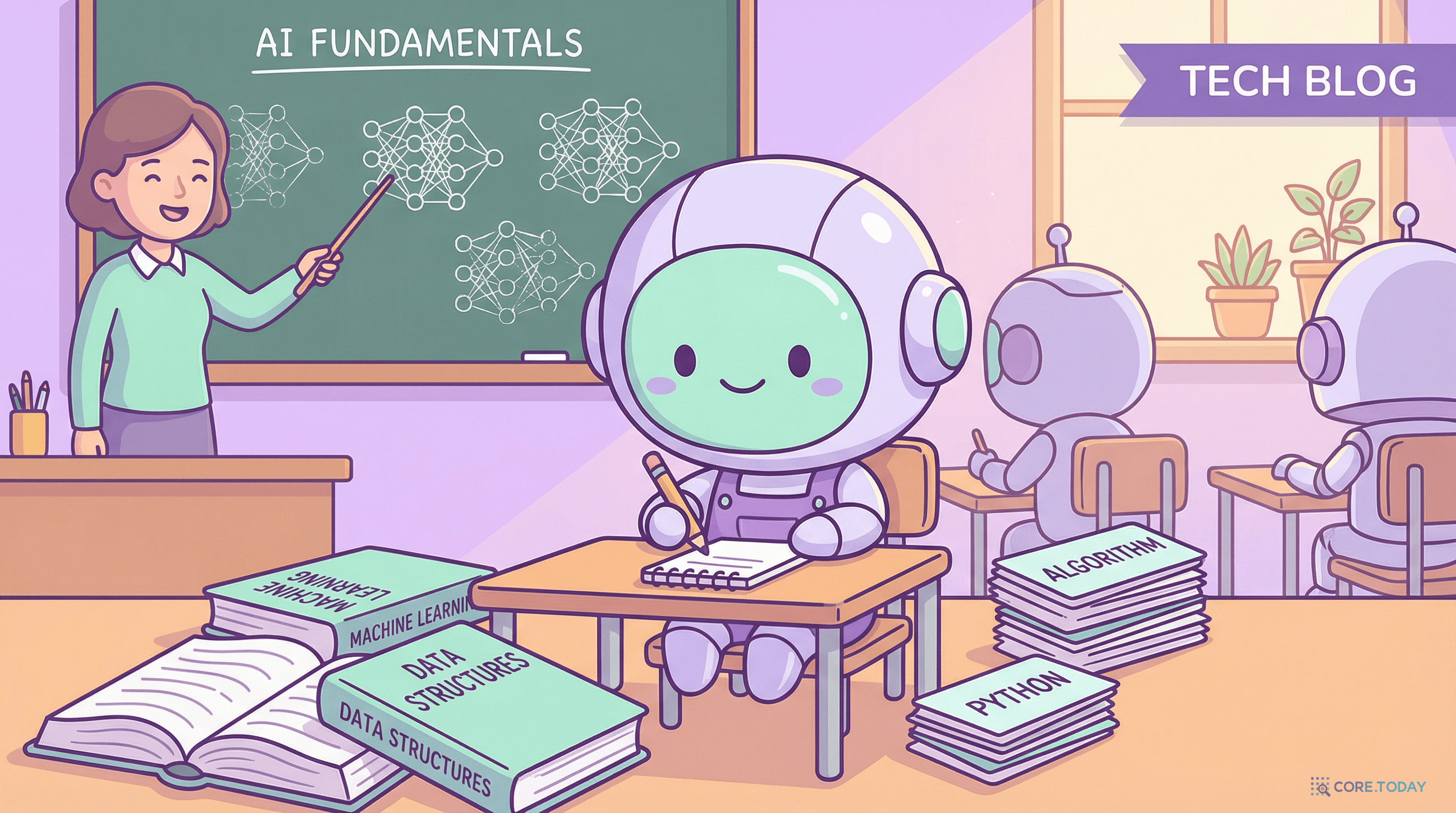 파인튜닝 — 로봇이 교실에서 전문적인 교육을 받는 모습