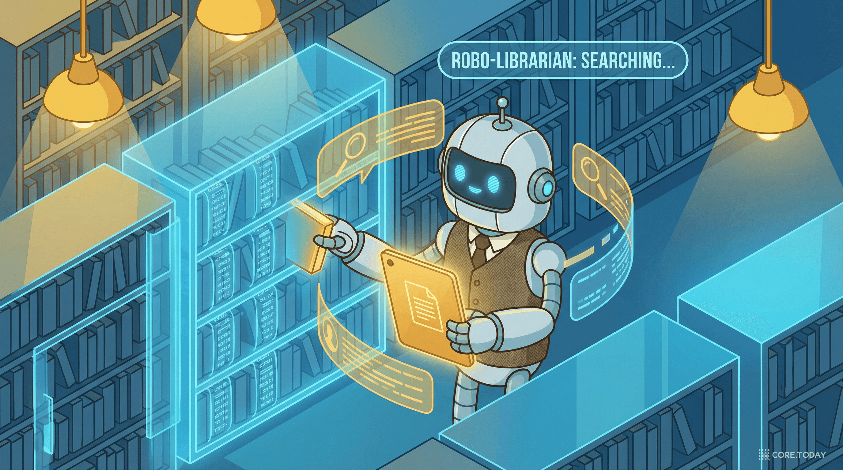 RAG — 로봇 사서가 거대한 도서관에서 관련 문서를 찾아주는 모습