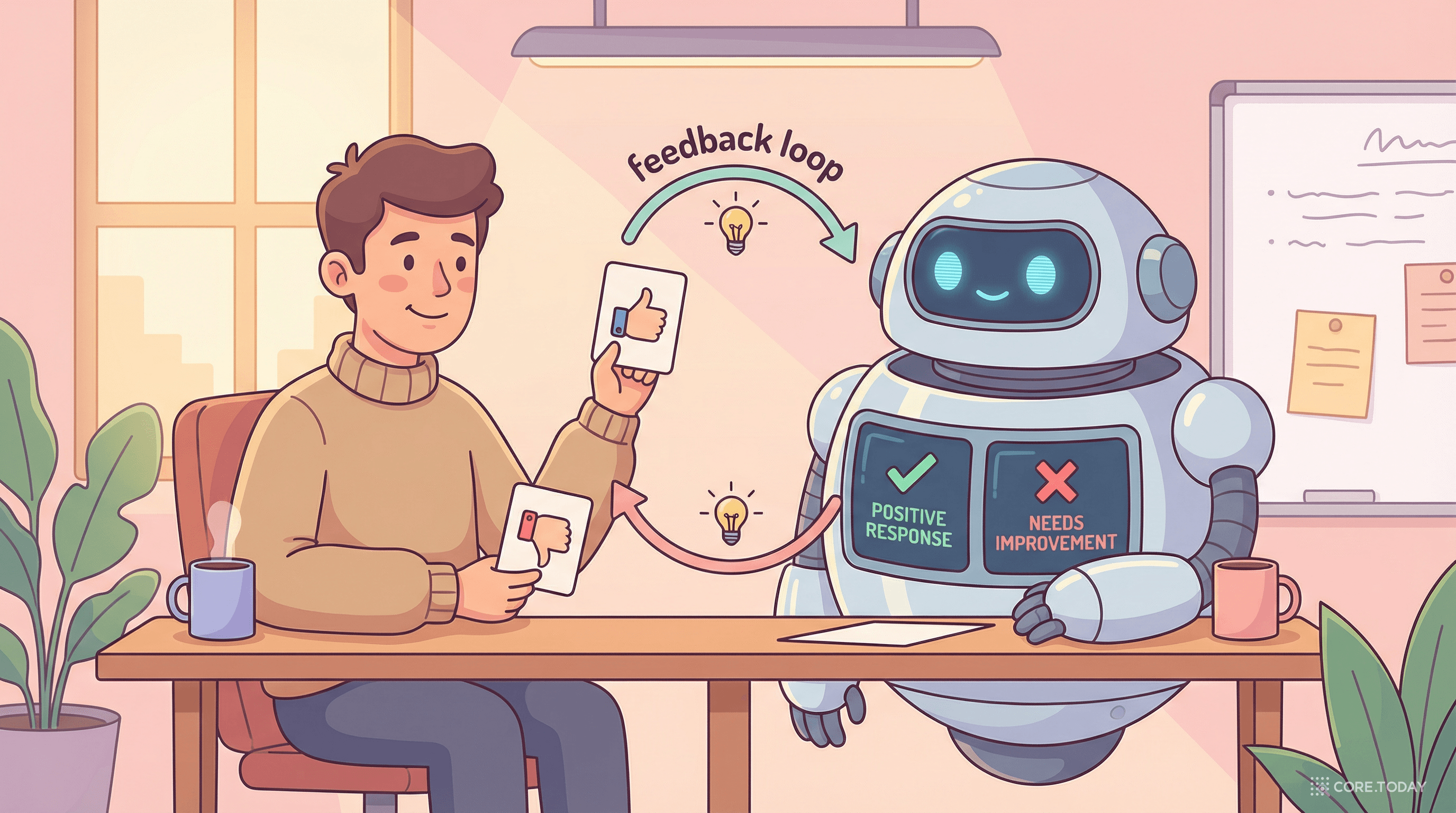 RLHF — 인간이 로봇에게 피드백을 주며 선호도를 가르치는 모습