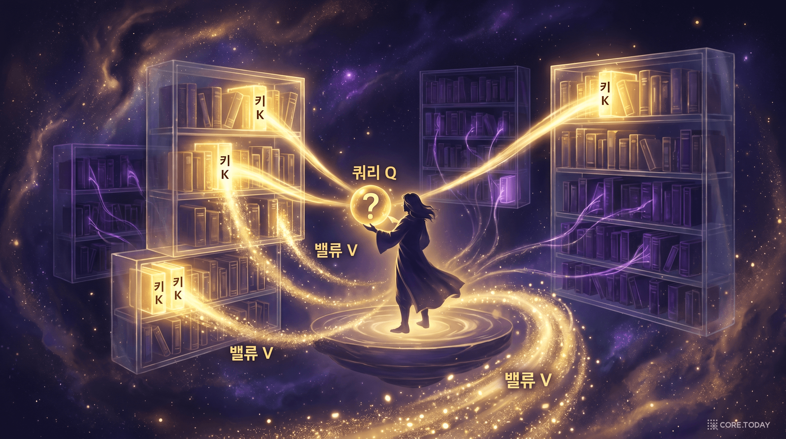 Query–Key–Value 도서관 비유 — 질문(Q)이 서가의 색인(K)과 매칭되면 내용(V)을 가져온다