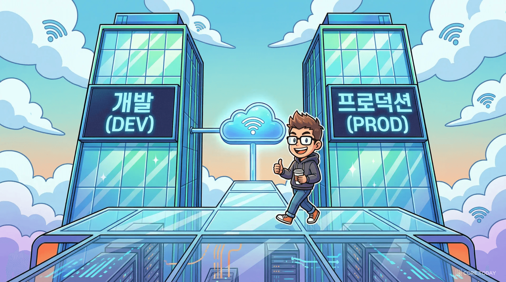 개발 환경과 프로덕션 환경이 동일한 쌍둥이 건물로 표현된 Dev/Prod 패리티