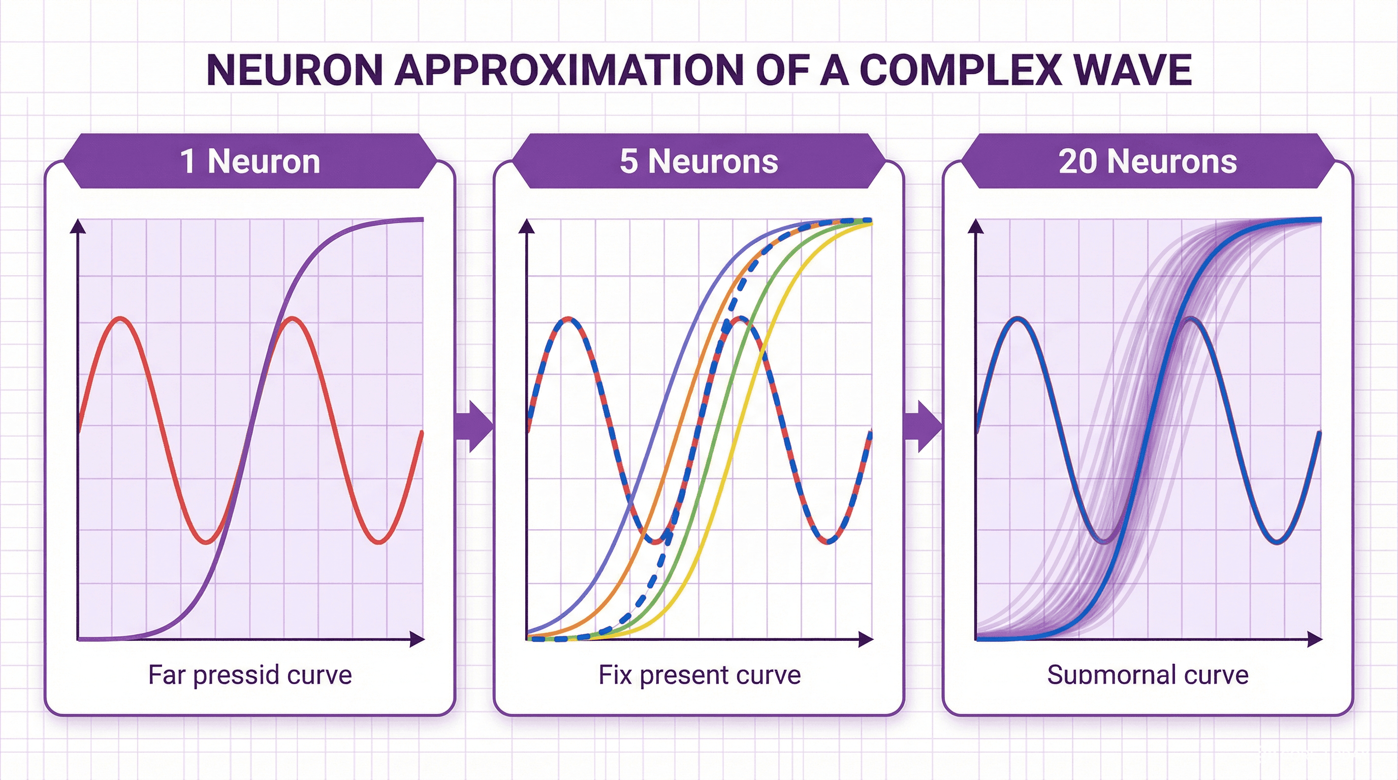 뉴런이 함수를 근사하는 과정 — 1개, 5개, 20개의 뉴런이 점점 더 정밀하게 복잡한 곡선을 흉내 낸다