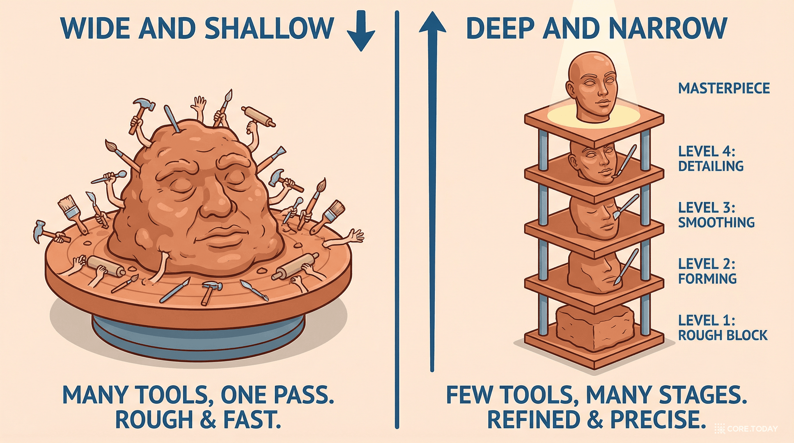 넓고 얕은 네트워크 vs 좁고 깊은 네트워크 — 조각의 비유로 보는 표현력 차이