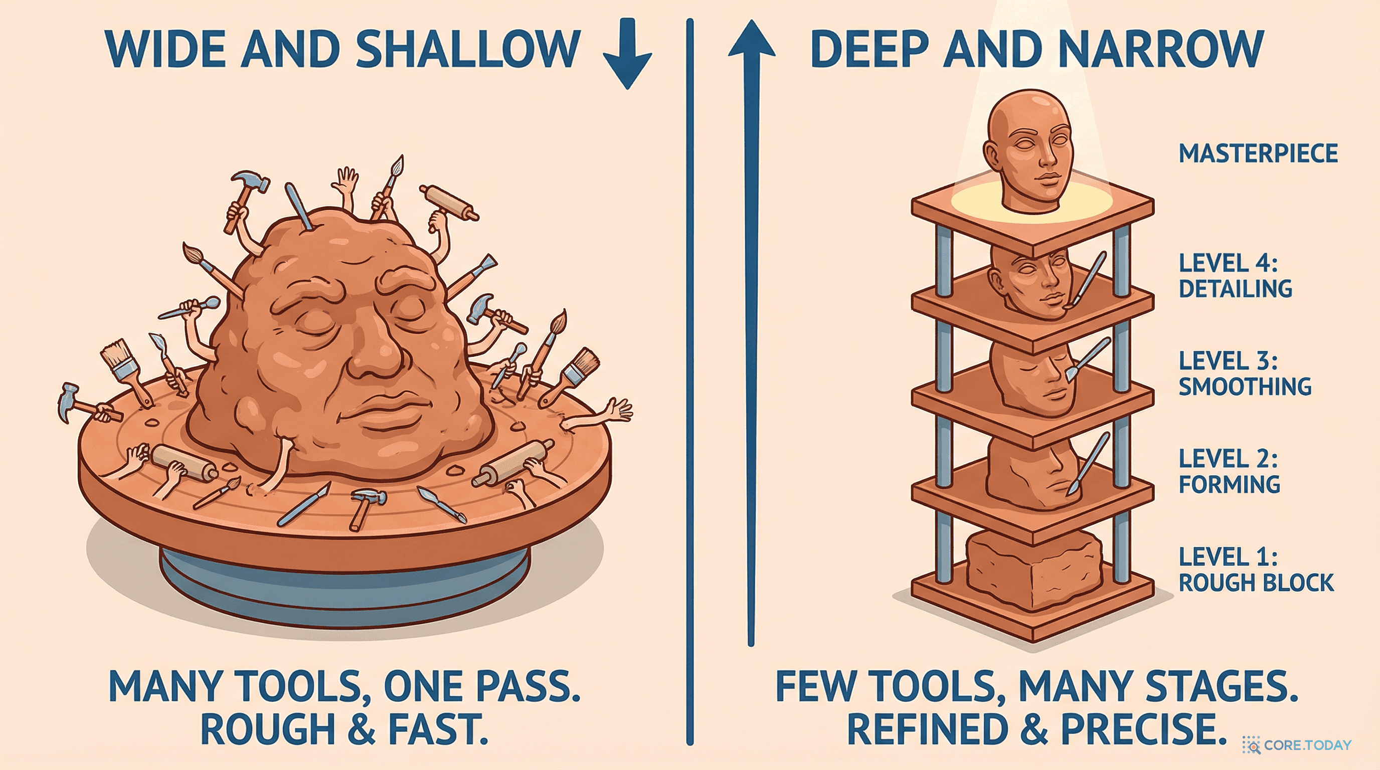 넓고 얕은 네트워크 vs 좁고 깊은 네트워크 — 조각의 비유로 보는 표현력 차이