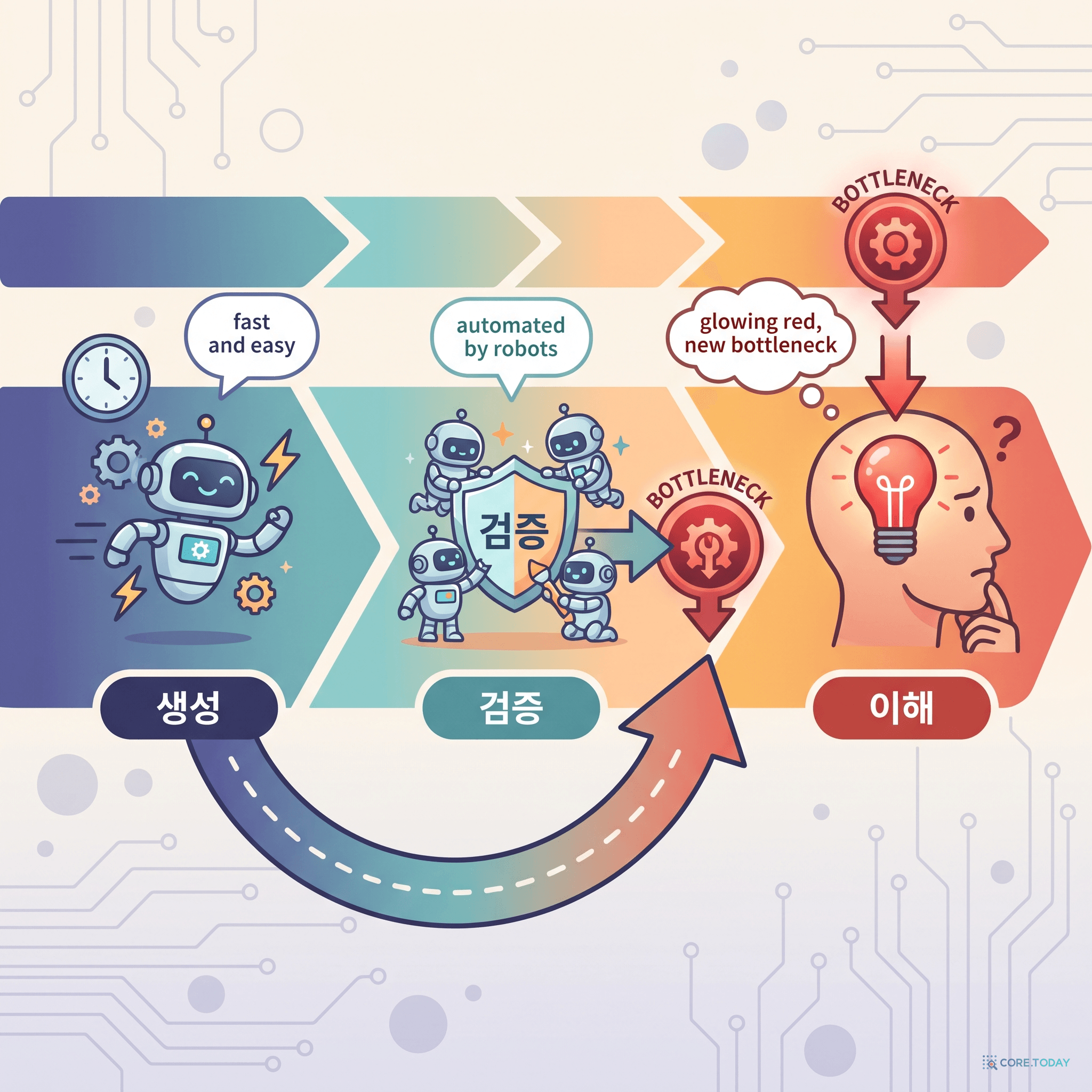 생성 → 검증 → 이해로 이동하는 병목. 이제 빨간불은 사람의 '이해'에 켜진다