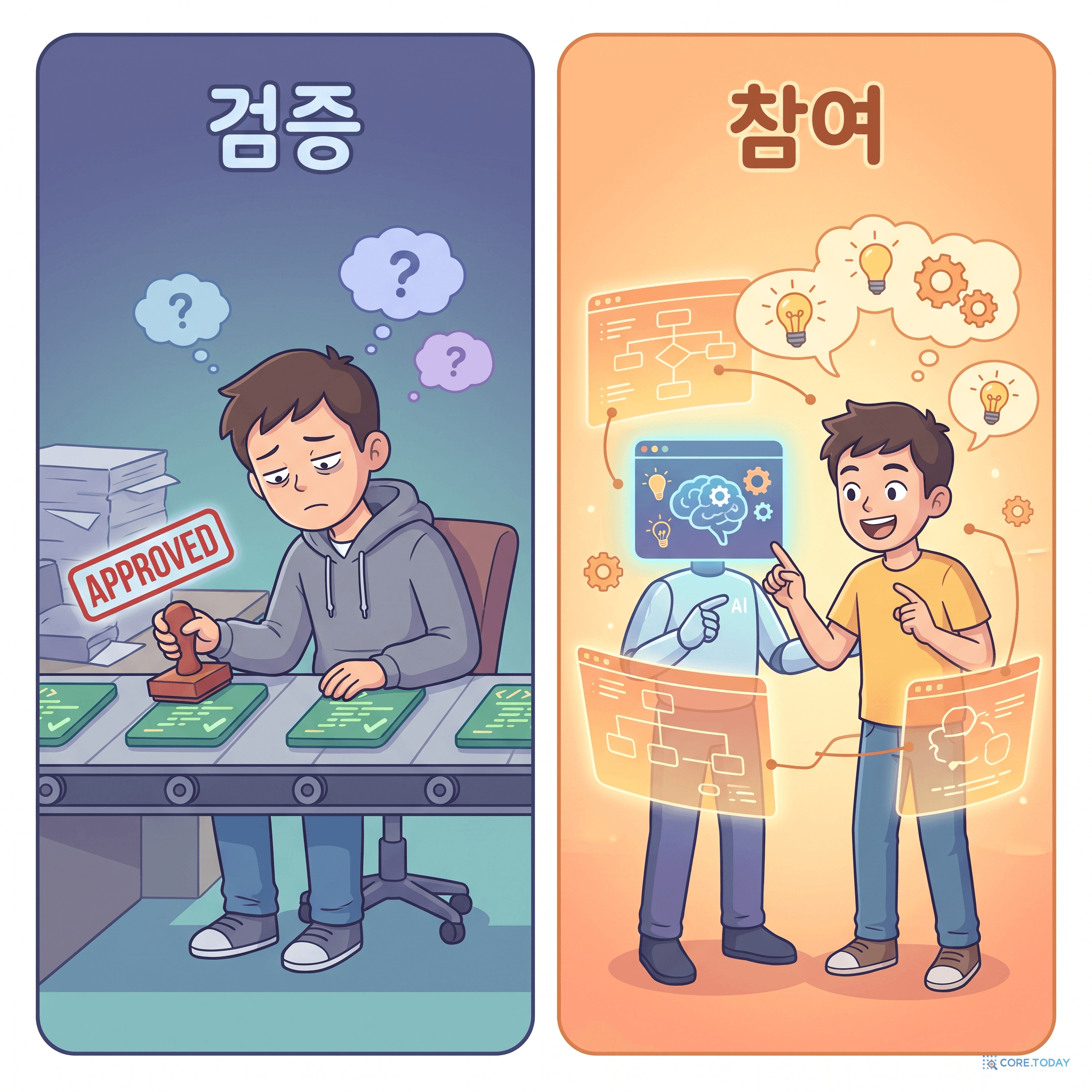 왼쪽 '검증' — 도장 찍는 문지기. 오른쪽 '참여' — 다음 아이디어를 함께 짜는 창작자