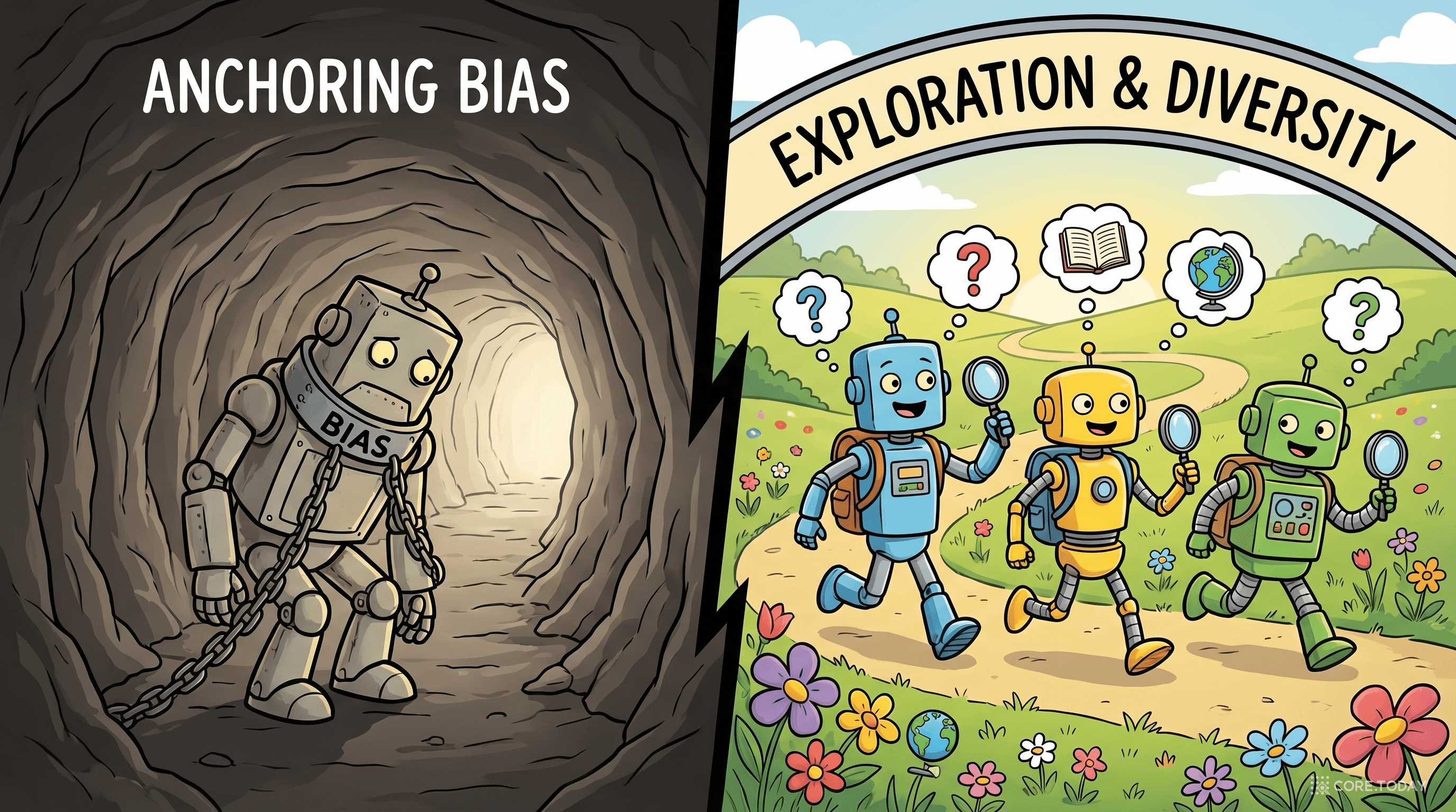 앵커링 바이어스 — 하나의 경로에 갇힌 단일 에이전트 vs 자유롭게 탐색하는 멀티 에이전트