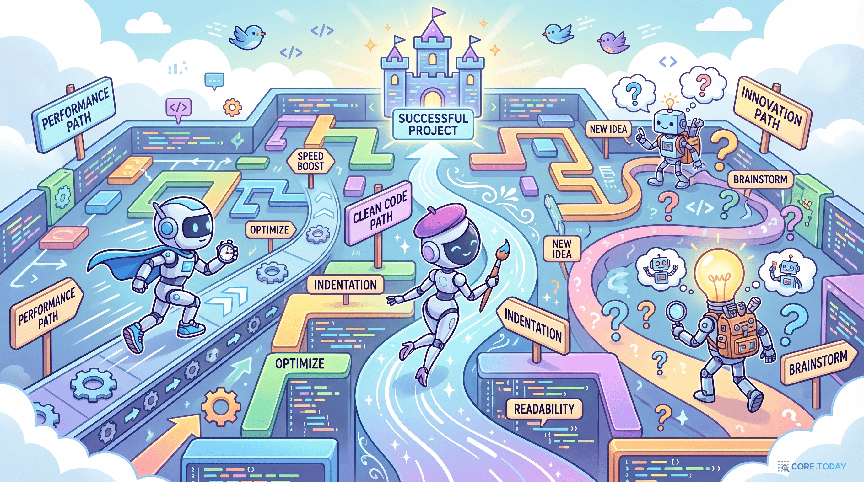 세 탐색 에이전트가 각자 다른 경로로 미로를 탐색합니다