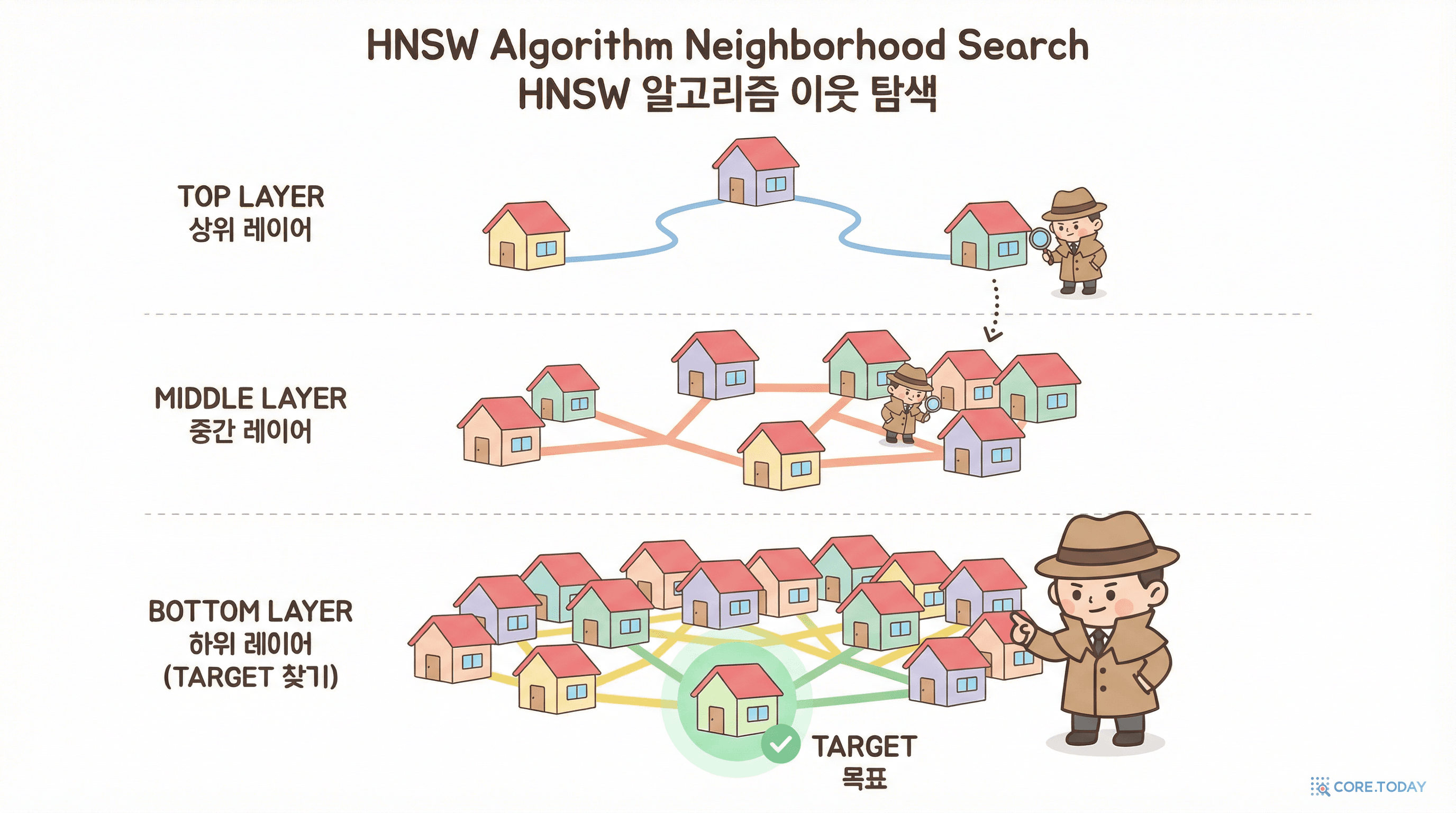 HNSW 알고리즘: 계층적 그래프를 따라 점점 좁혀가며 목표를 찾는 탐색 과정