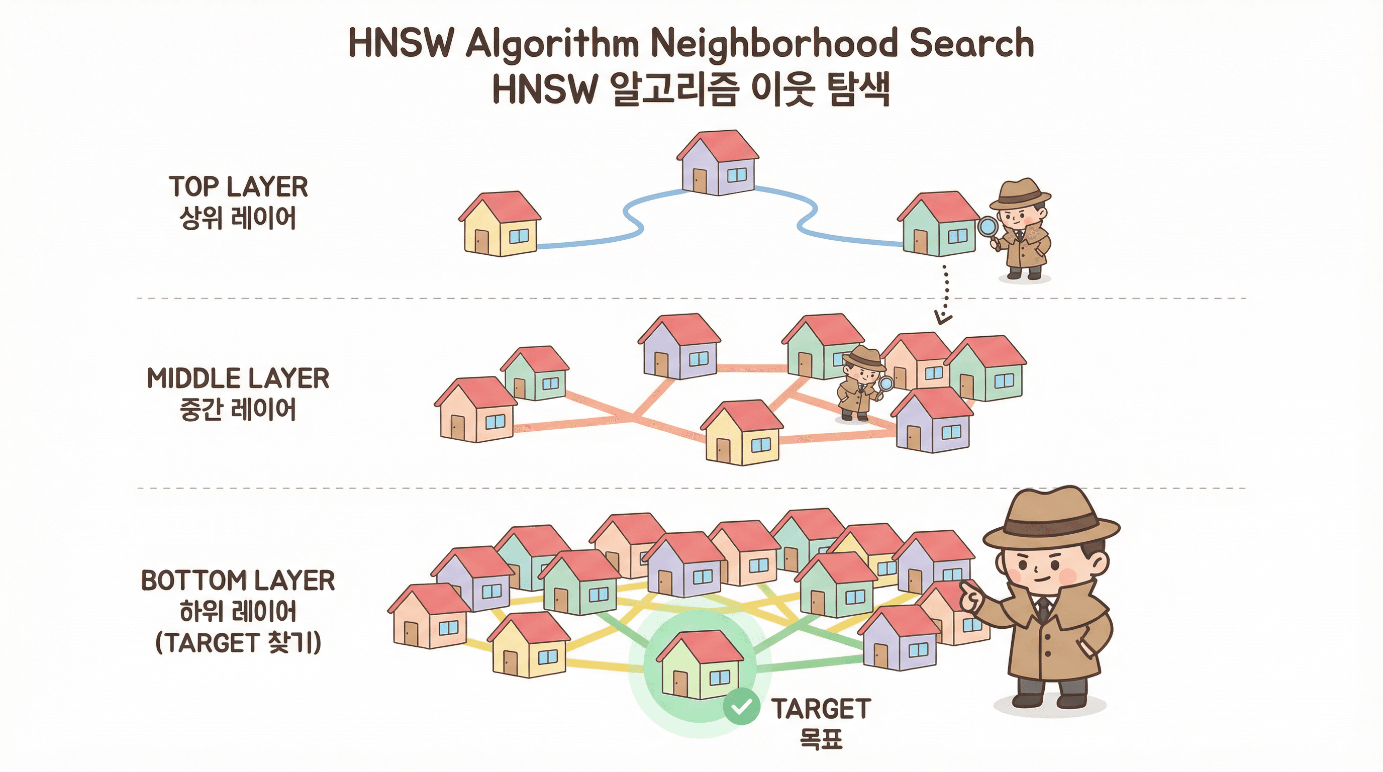 HNSW 알고리즘: 계층적 그래프를 따라 점점 좁혀가며 목표를 찾는 탐색 과정