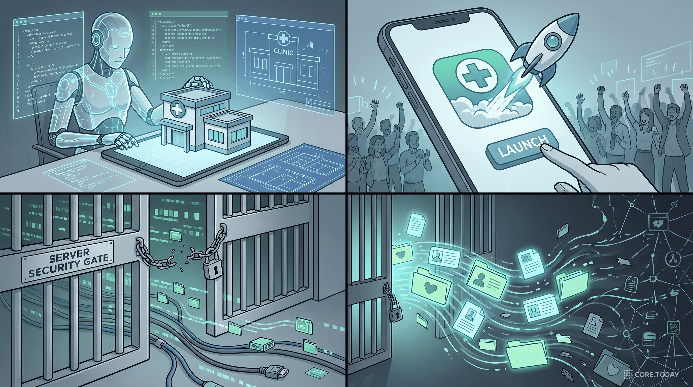 AI가 만든 의료 앱이 보안 경계 없이 외부 네트워크와 연결되는 웹툰식 일러스트