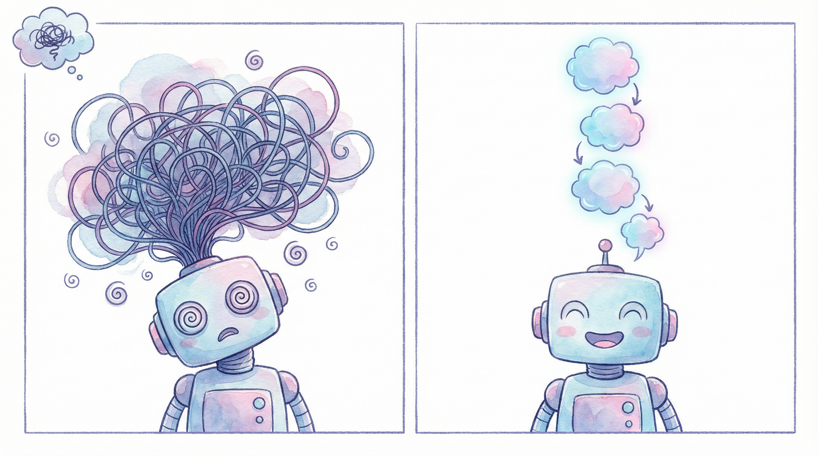 과잉사고 vs 효율적 사고를 보여주는 일러스트