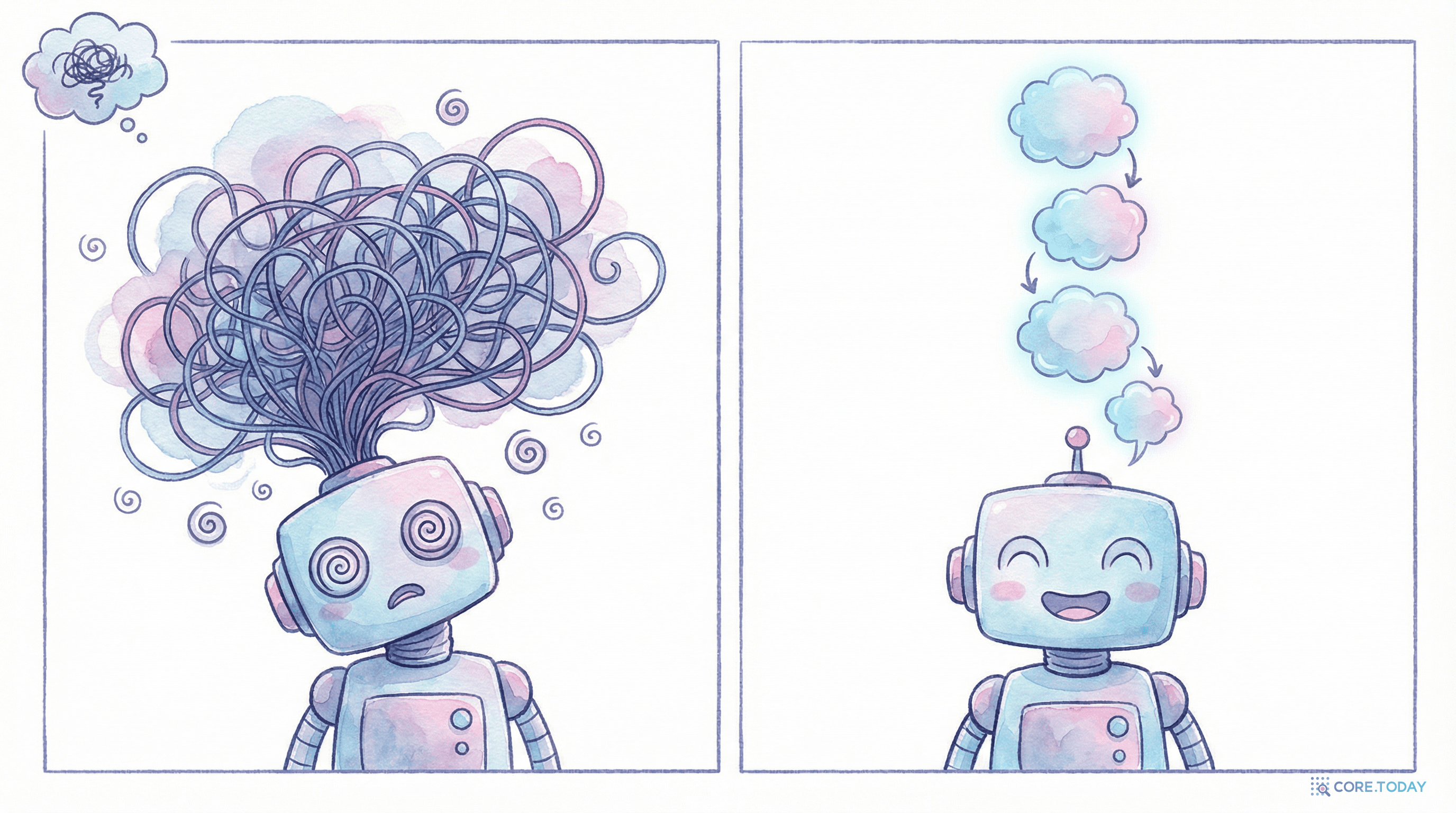 과잉사고 vs 효율적 사고를 보여주는 일러스트