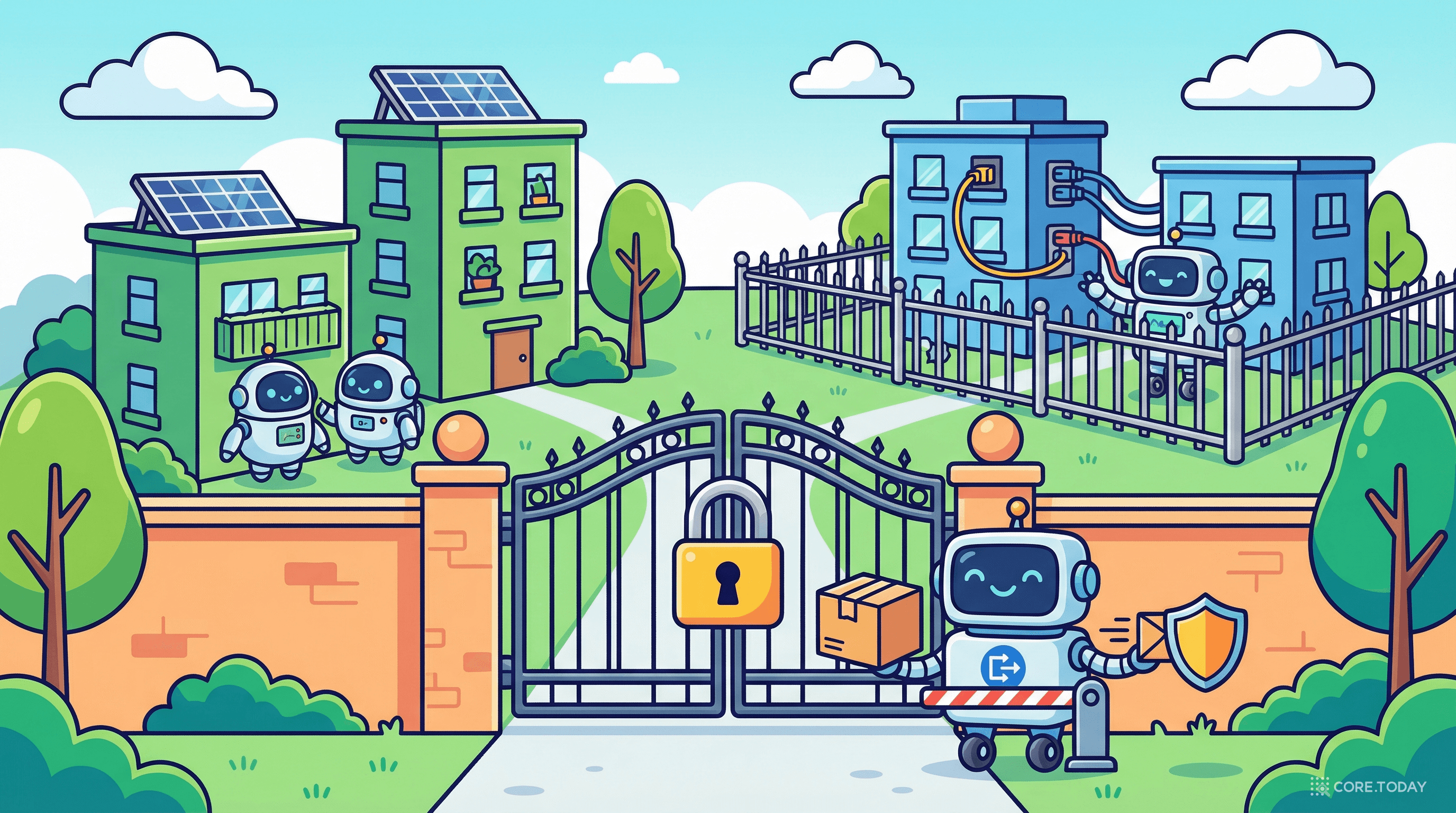 VPC를 아파트 단지에 비유한 일러스트 — 정문(인터넷 게이트웨이), 퍼블릭/프라이빗 서브넷 건물, NAT 게이트웨이 택배 로봇이 있는 격리된 가상 네트워크