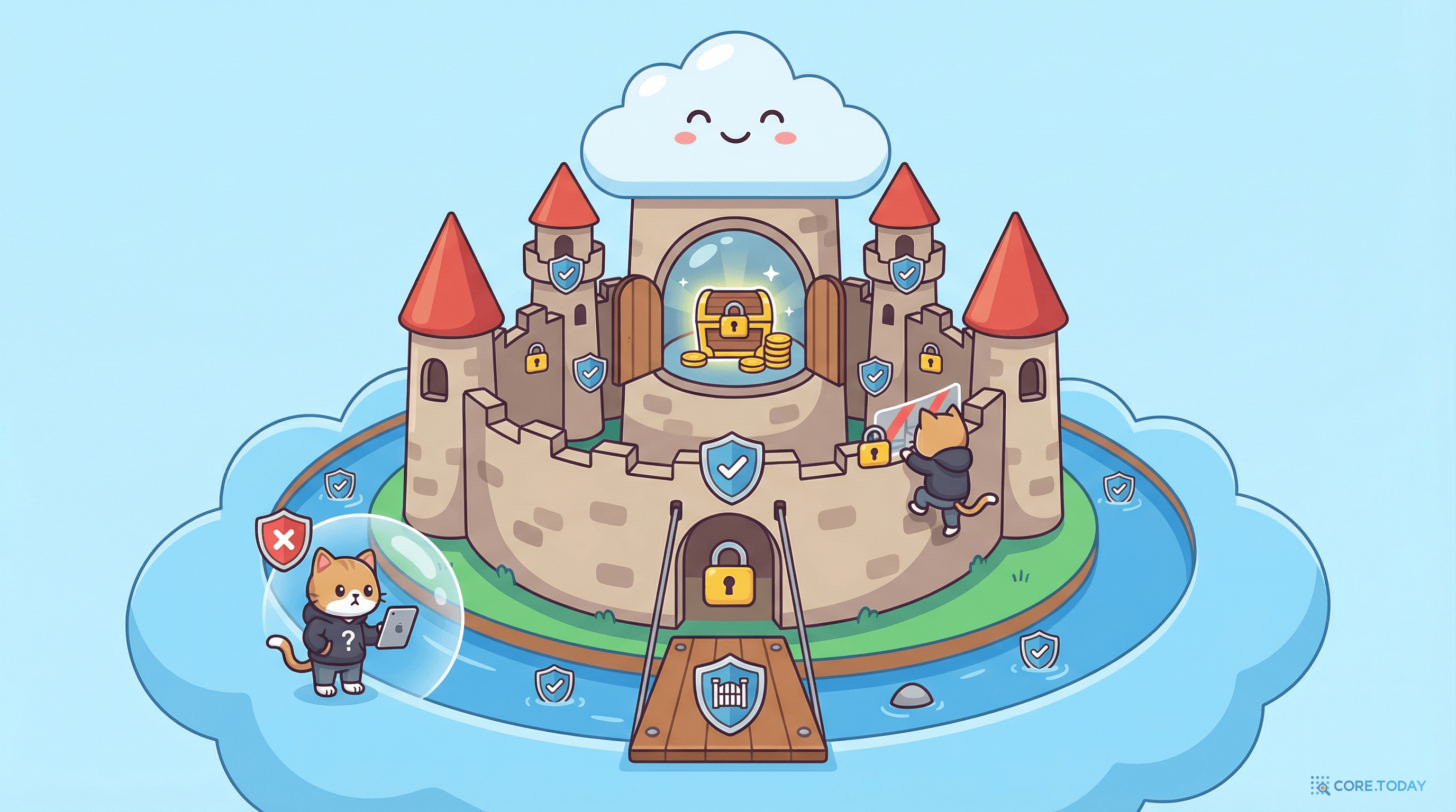 VPC 보안 계층을 성 방어 체계에 비유한 일러스트 — 해자(NACL), 성문(인터넷 게이트웨이), 내벽 감시탑(보안 그룹), 금고(프라이빗 서브넷 DB)으로 구성된 다중 방어선