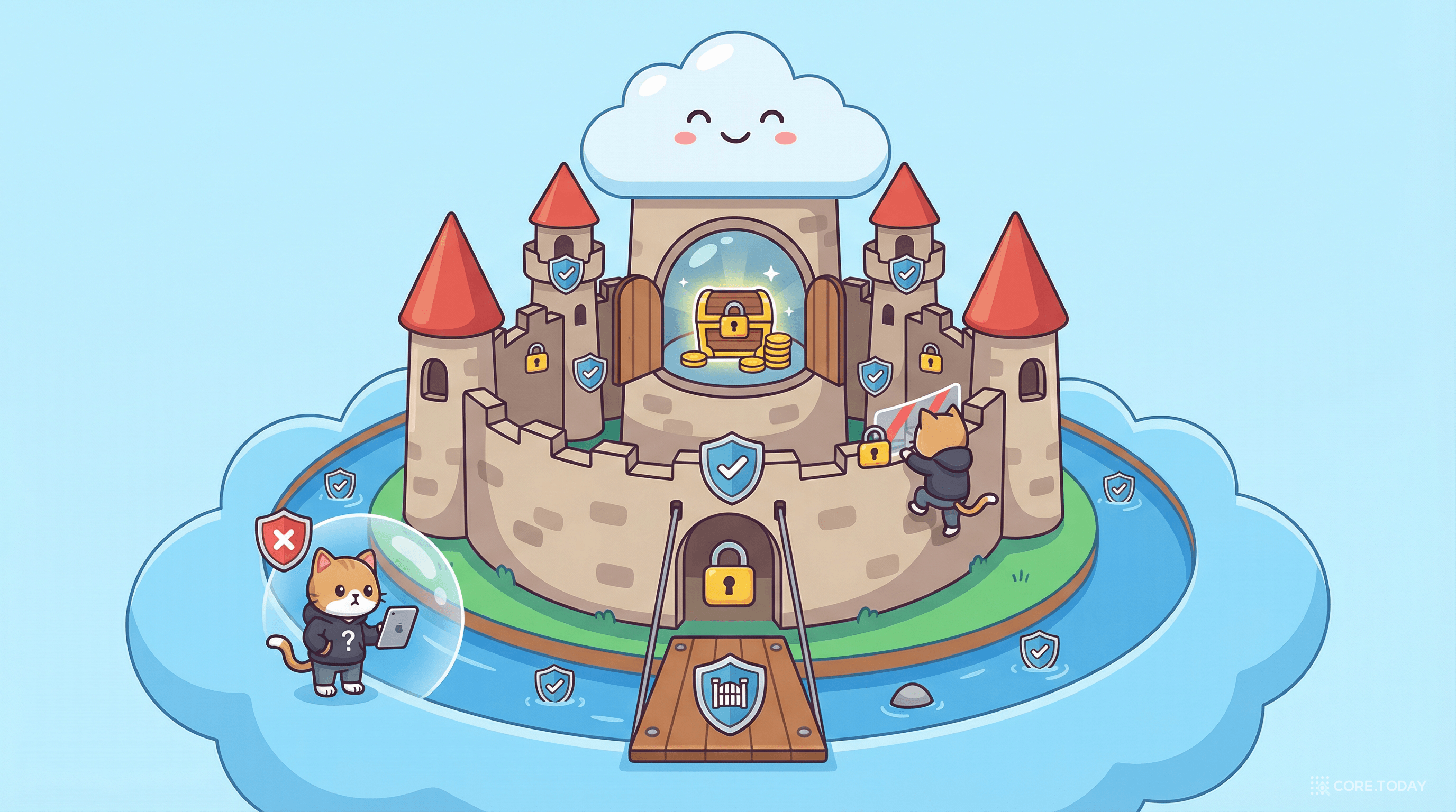 VPC 보안 계층을 성 방어 체계에 비유한 일러스트 — 해자(NACL), 성문(인터넷 게이트웨이), 내벽 감시탑(보안 그룹), 금고(프라이빗 서브넷 DB)으로 구성된 다중 방어선