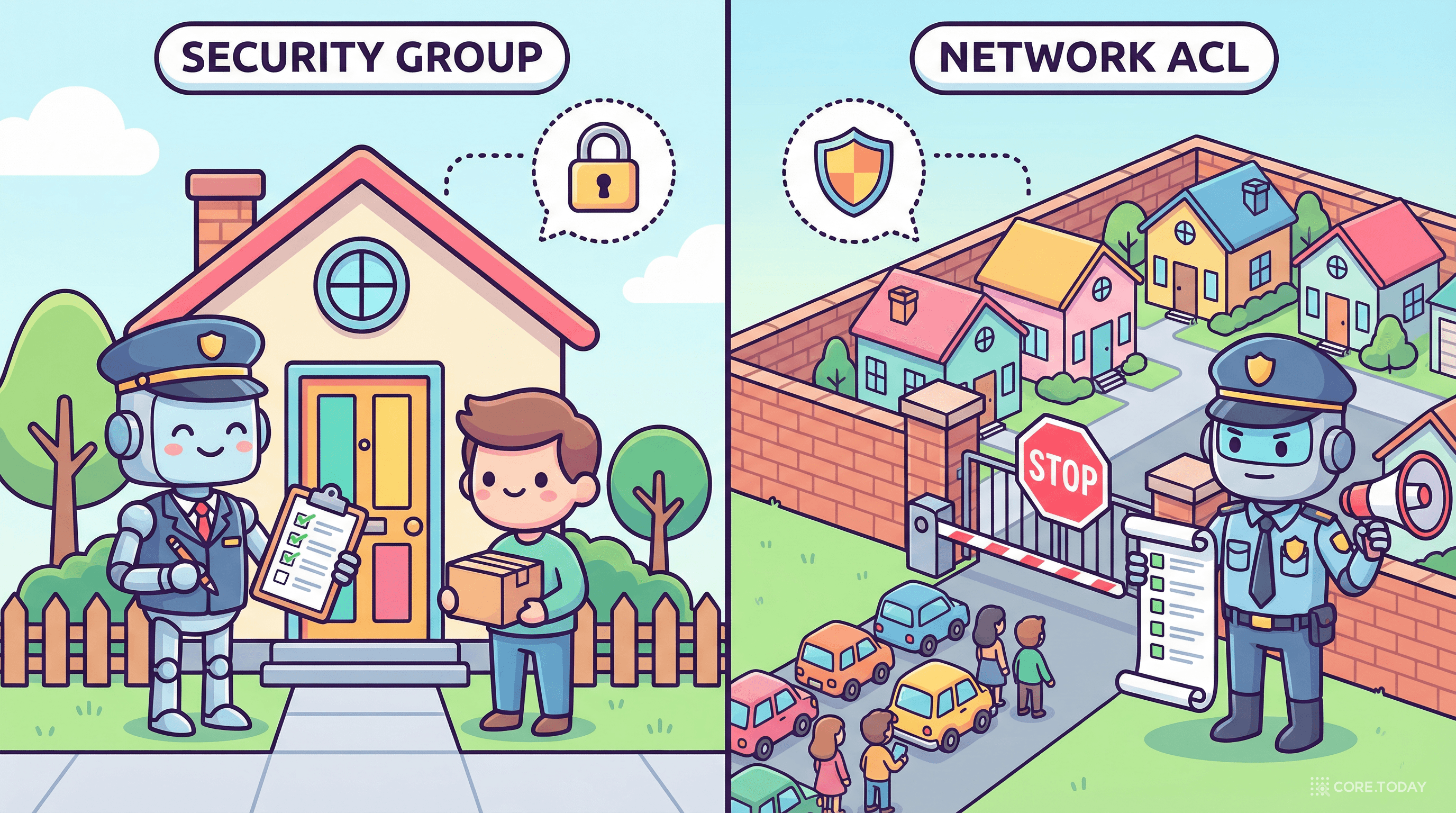 보안 그룹과 네트워크 ACL 비교 일러스트 — 세대 도어락(인스턴스 단위 방화벽)과 동 출입구 경비원(서브넷 단위 방화벽)