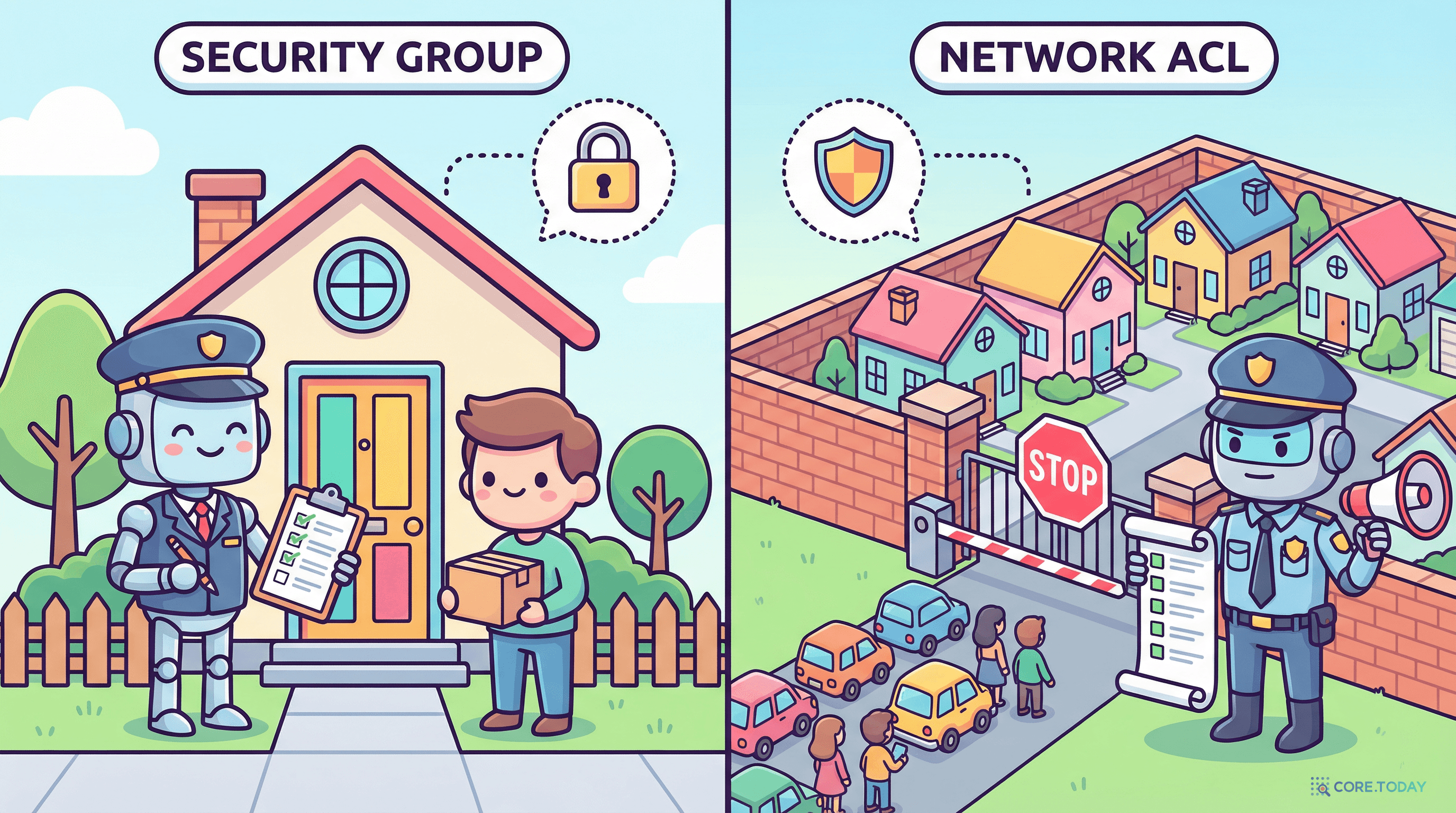 보안 그룹과 네트워크 ACL 비교 일러스트 — 세대 도어락(인스턴스 단위 방화벽)과 동 출입구 경비원(서브넷 단위 방화벽)