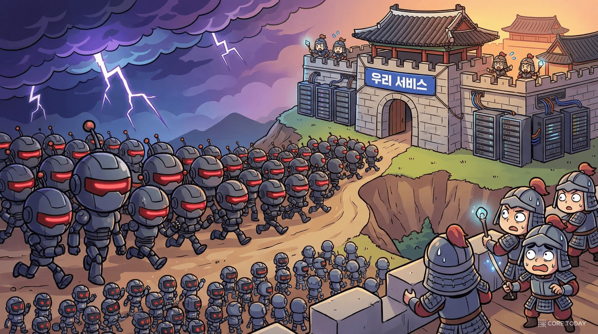 빨간 눈의 로봇 대군이 우리 서비스라고 적힌 한국 성곽을 향해 돌진하는 DDoS 공격 일러스트