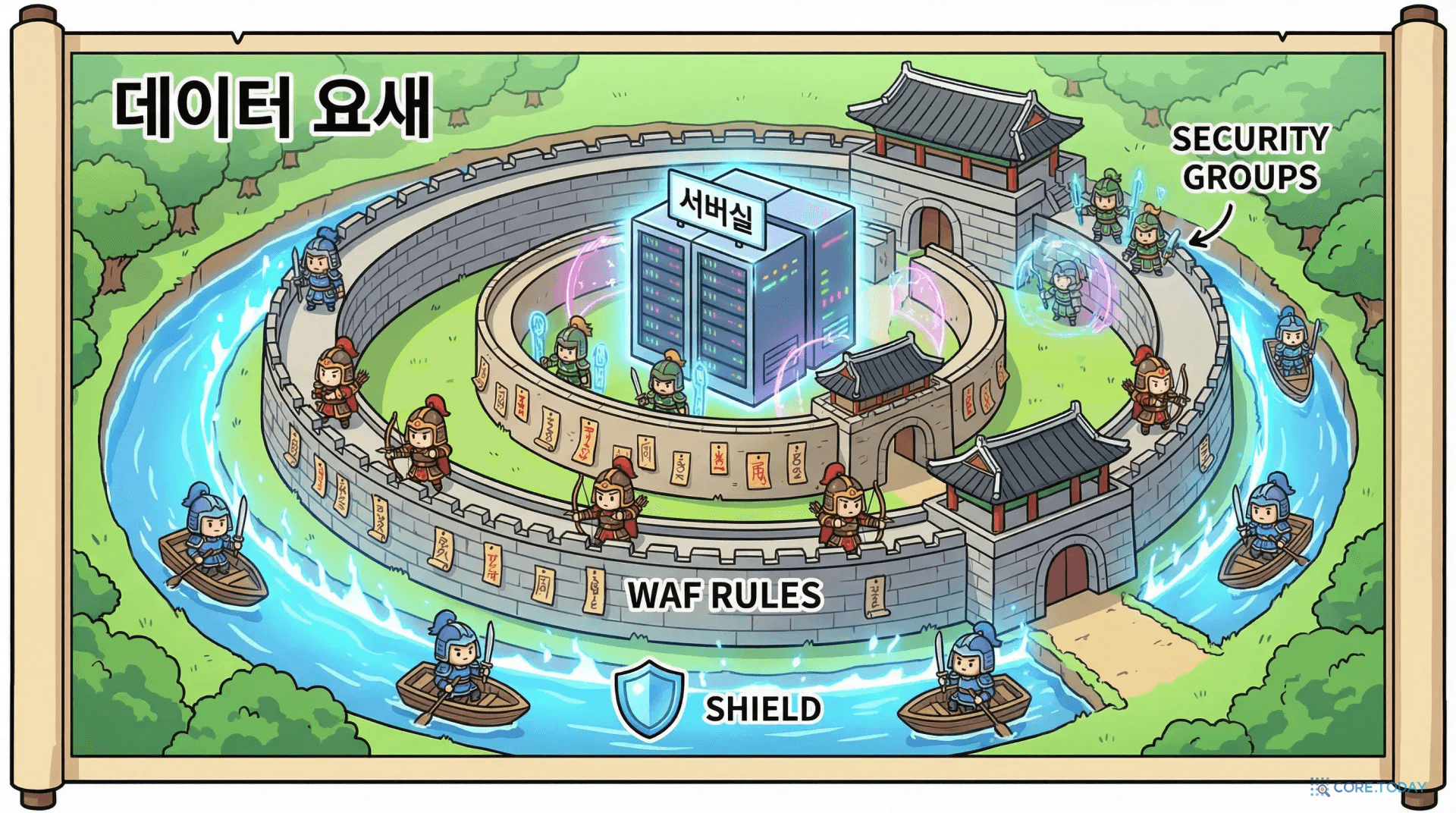 수원화성 스타일의 한국 전통 성곽이 Shield, CloudFront, WAF 삼중 방어벽으로 서버를 보호하는 심층 방어 일러스트