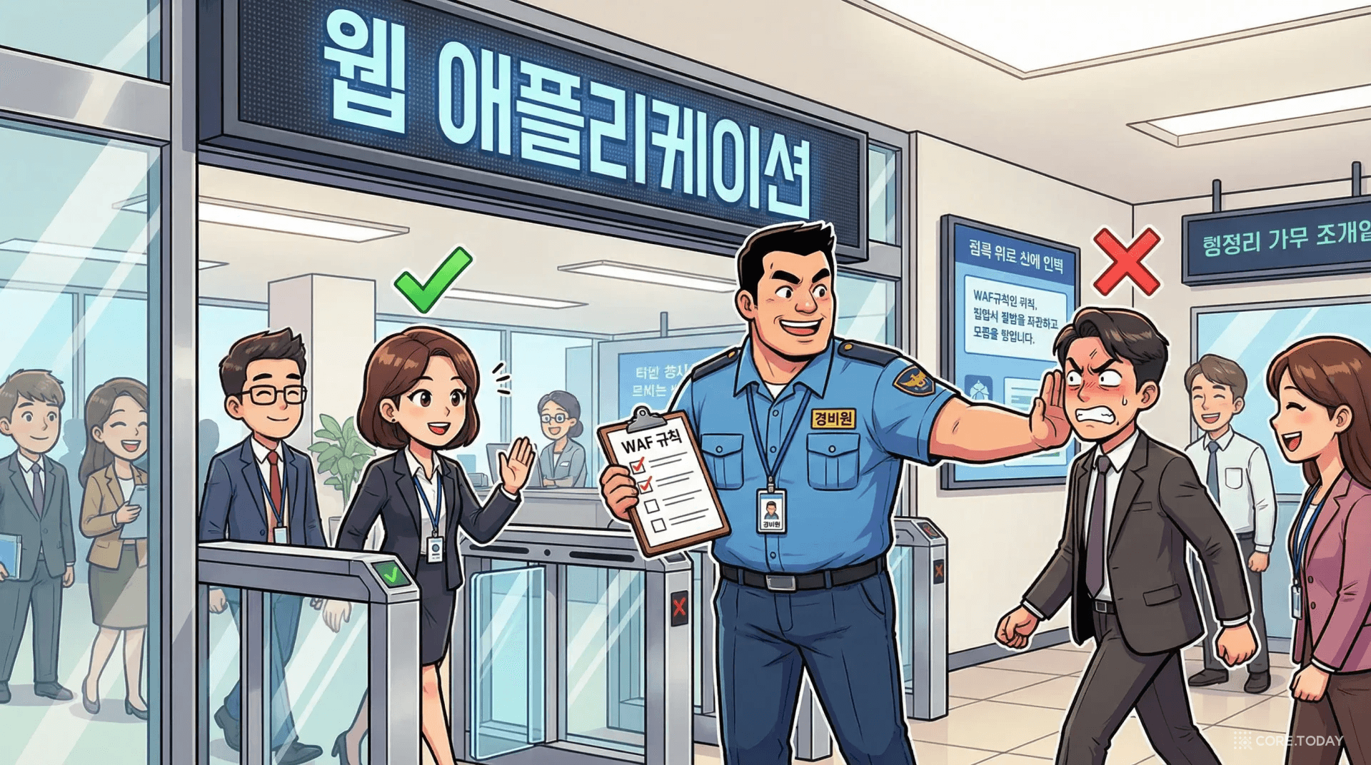 건물 입구에서 방문자의 신분증을 확인하며 수상한 사람은 차단하고 정상 방문자는 통과시키는 WAF 경비원 일러스트