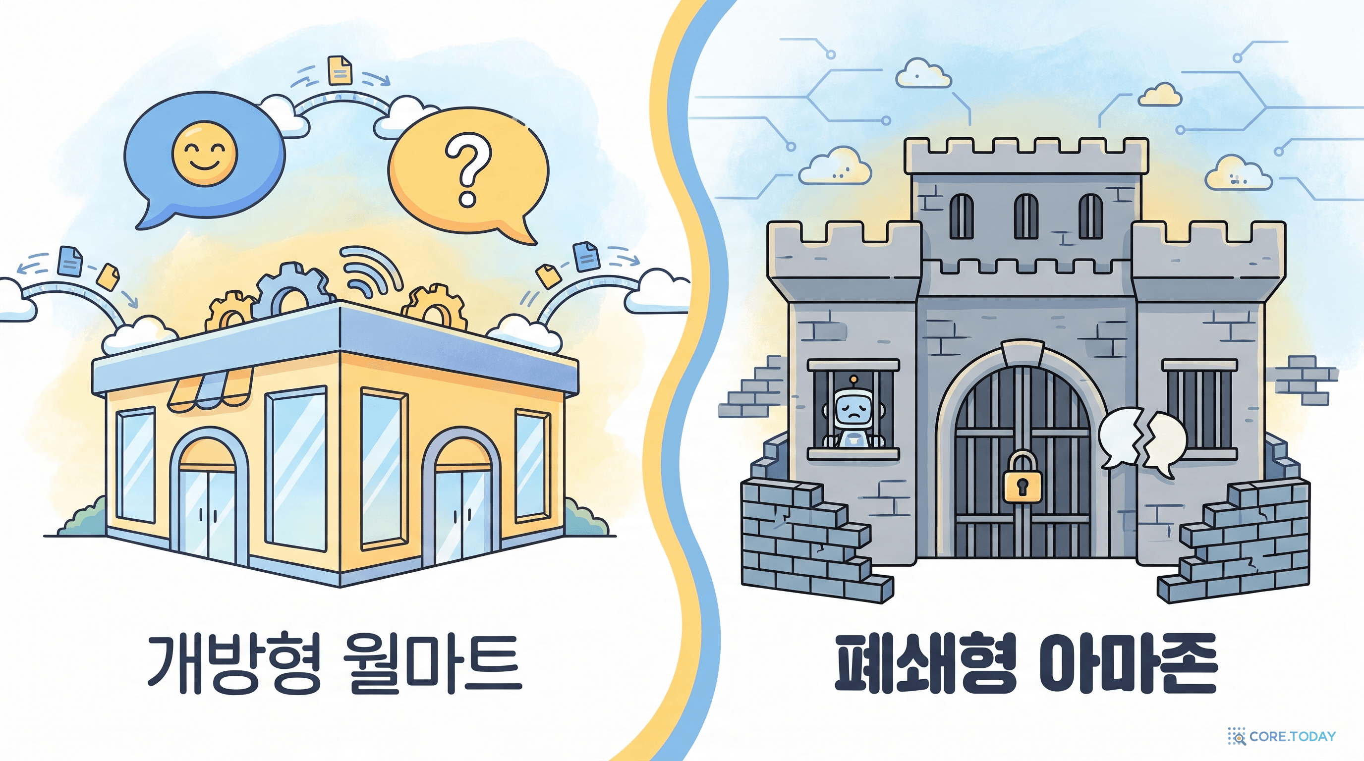 왼쪽 개방형 월마트는 외부 AI와 다리로 연결, 오른쪽 폐쇄형 아마존은 성벽으로 차단