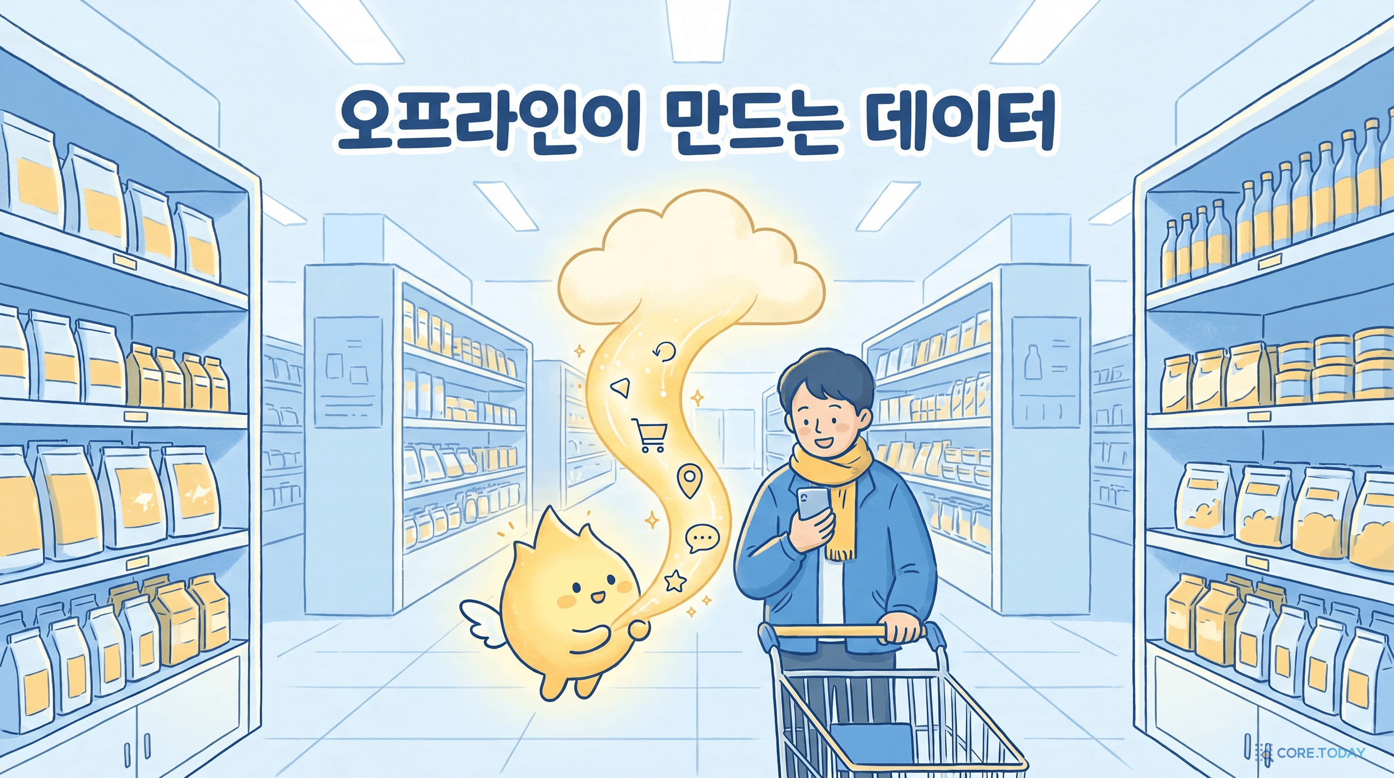 대형마트 안에서 쇼핑객의 행동 데이터를 모으는 노란 스파크 AI 마스코트