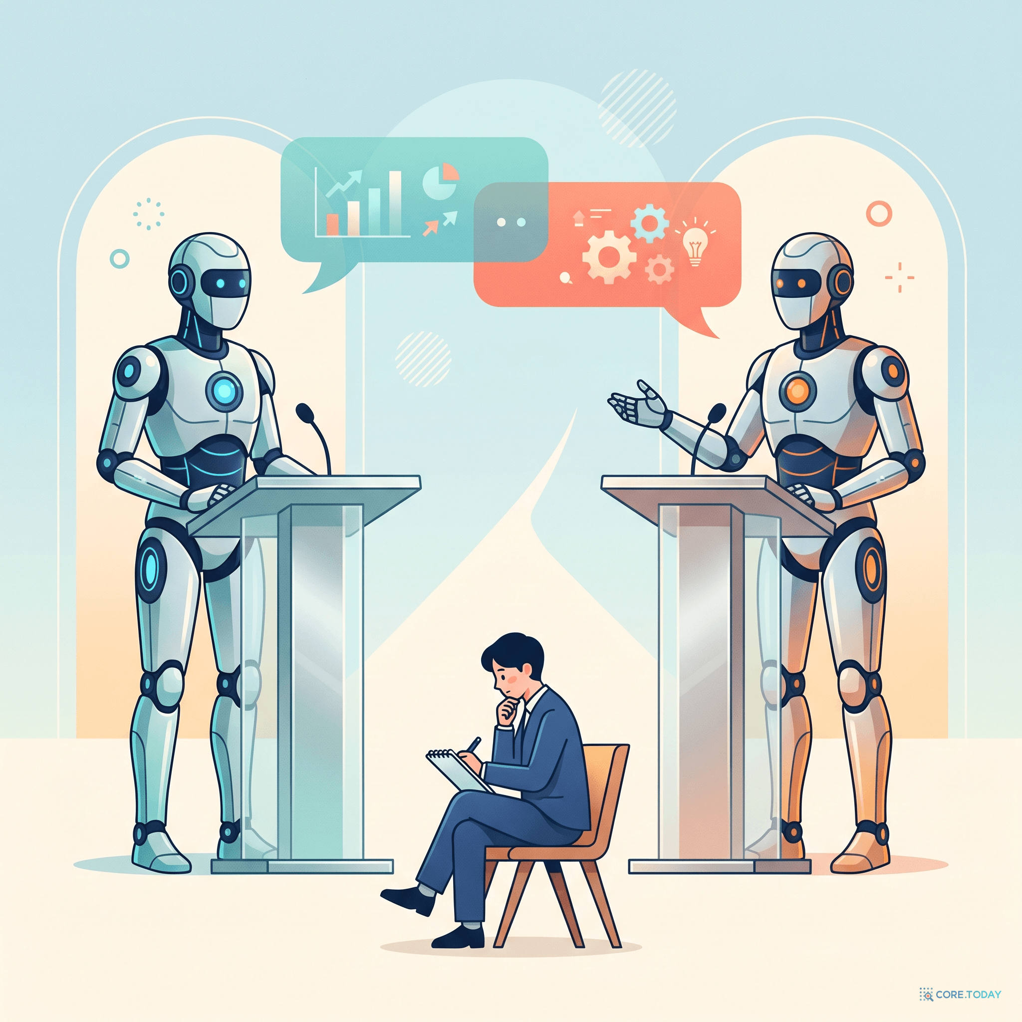 두 로봇이 마주 보고 토론하고, 그 사이의 인간 심판이 메모하며 판정하는 장면 — AI debate
