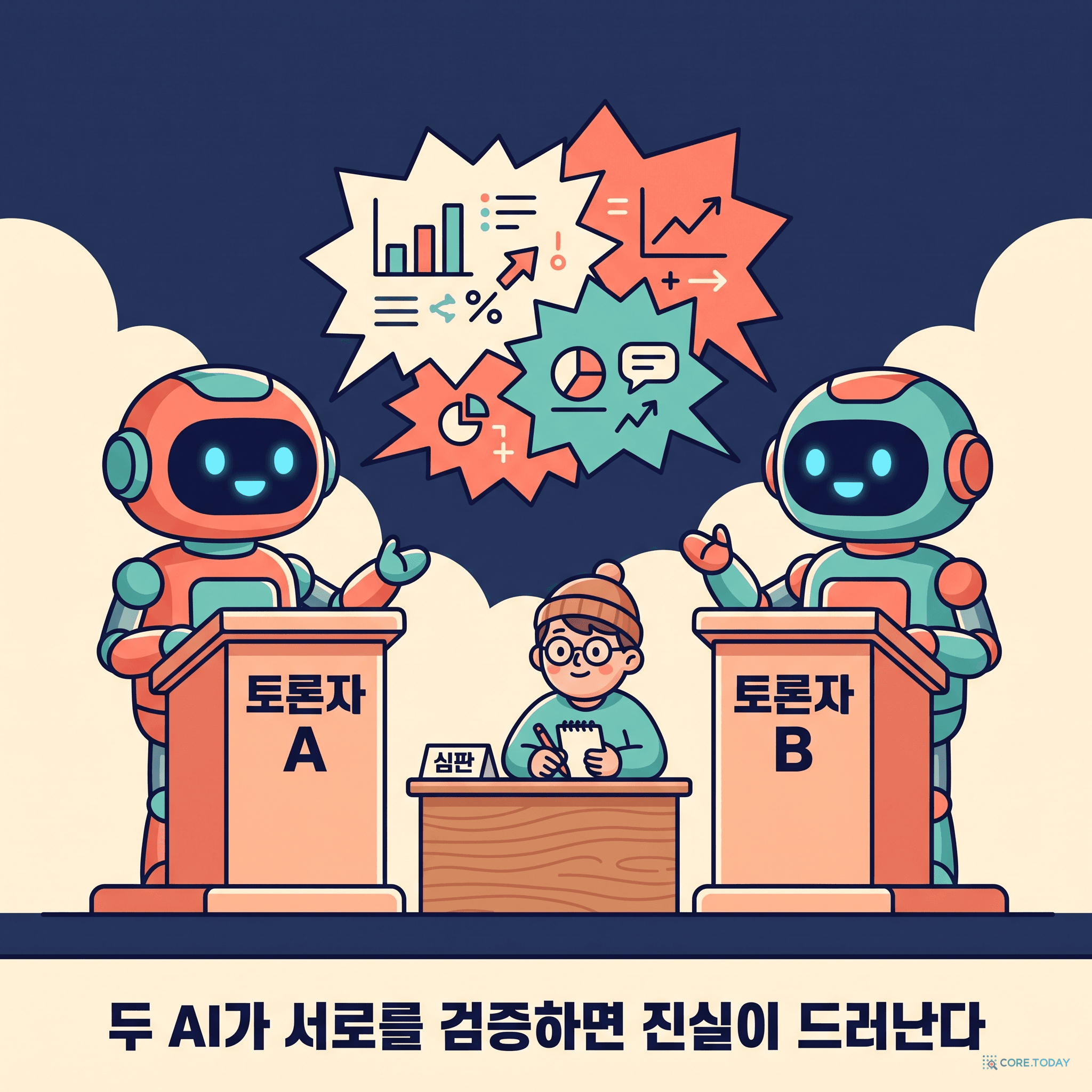 두 로봇이 마주 보고 토론하고, 그 사이의 인간 심판이 메모하며 판정하는 장면 — AI debate