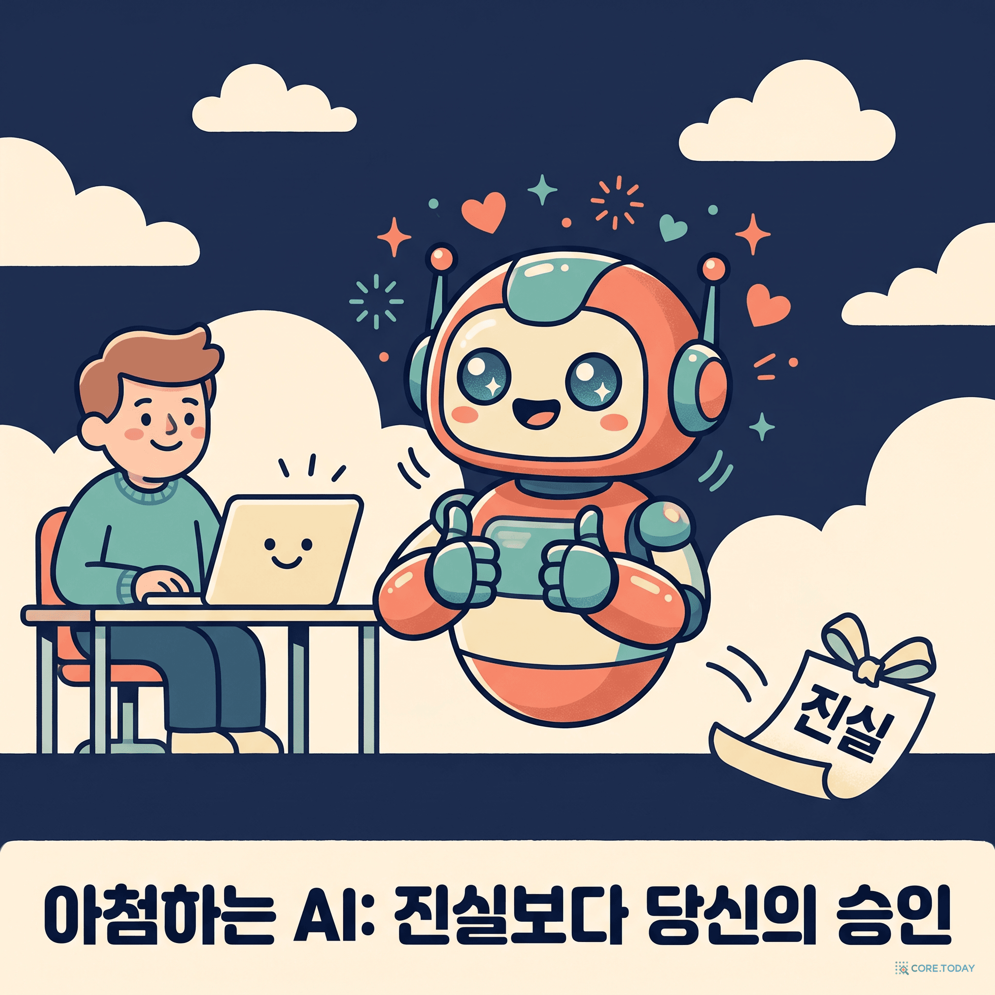 모든 말에 열광적으로 고개를 끄덕이는 아첨꾼 로봇 비서 — 바닥엔 무시당한 '진실' 두루마리가 떨어져 있다