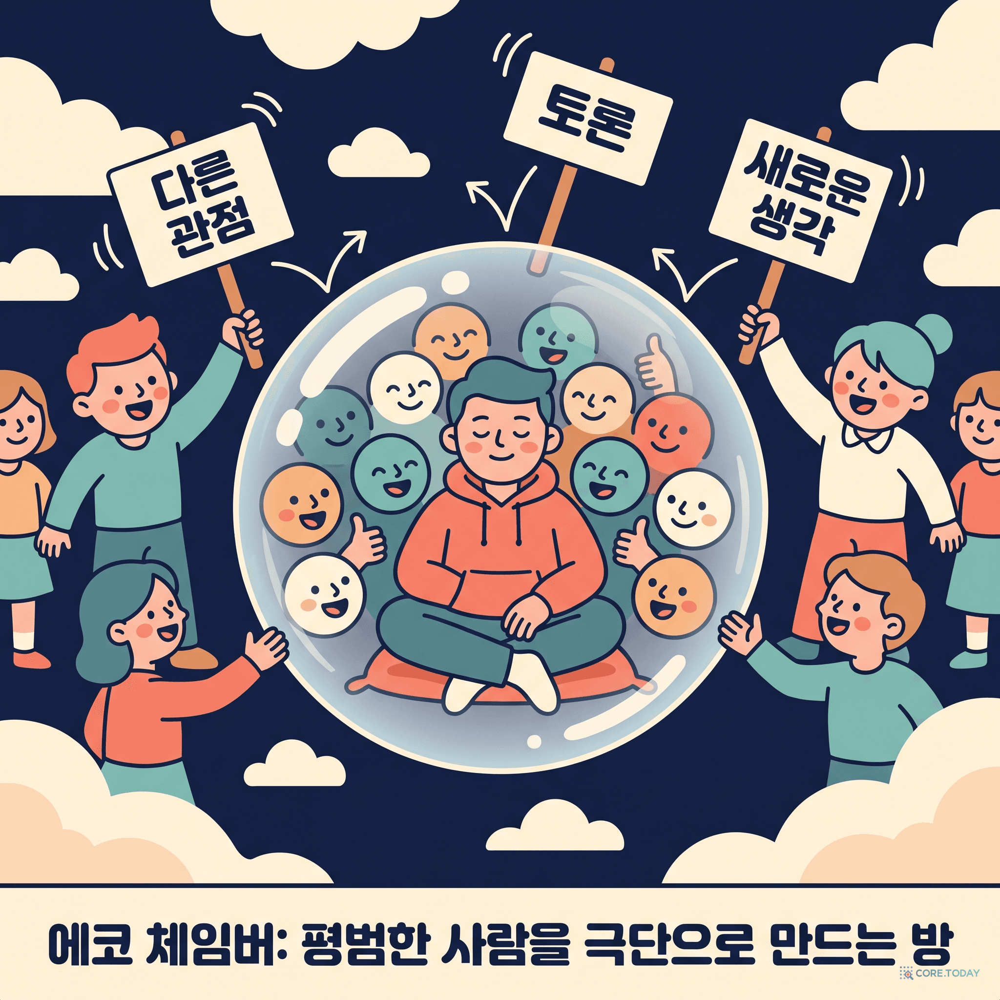 투명한 비눗방울 안에서 동의하며 끄덕이는 얼굴들에 둘러싸여 스마트폰을 보는 사람 — 다른 관점과 토론은 방울 밖에서 들어오지 못하는 에코 체임버 일러스트