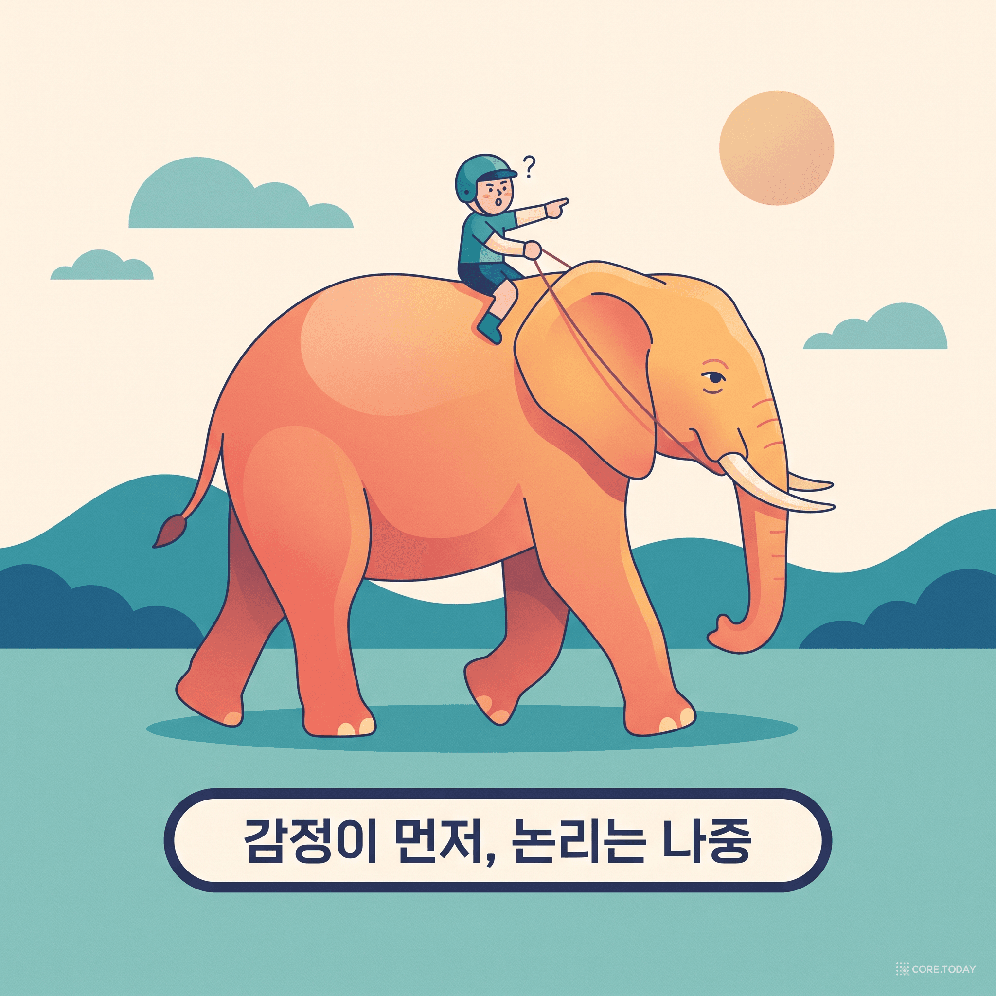 거대한 코끼리(감정)와 그 위에 탄 작은 기수(이성) — 기수는 방향을 조종하는 척하지만 코끼리가 원하는 곳으로 간다