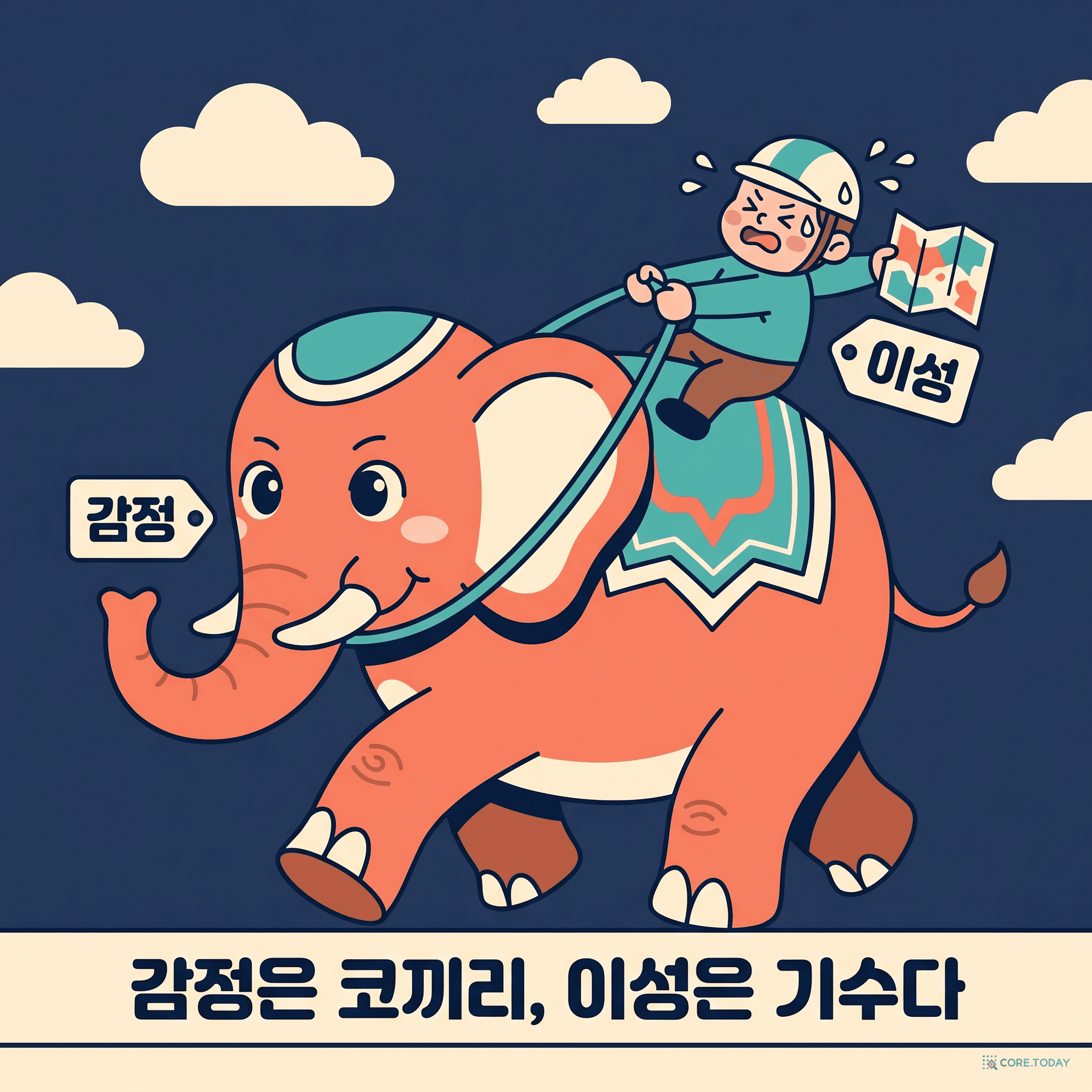 거대한 코끼리(감정)와 그 위에 탄 작은 기수(이성) — 기수는 방향을 조종하는 척하지만 코끼리가 원하는 곳으로 간다