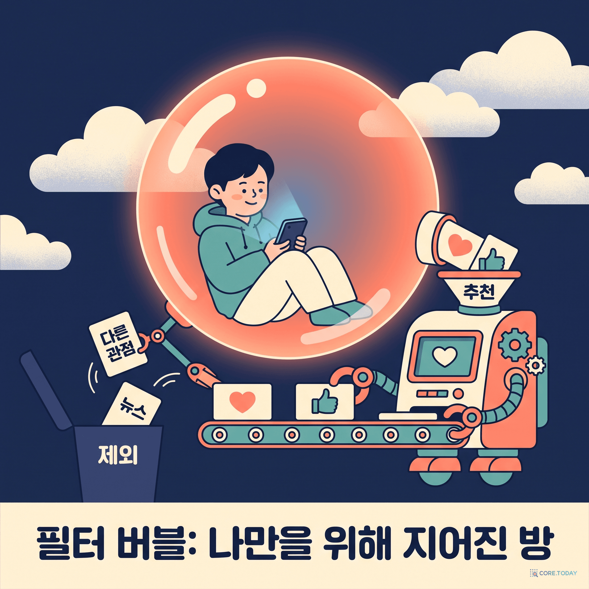 투명한 버블 안에서 스마트폰을 보는 사람에게, 추천 알고리즘 로봇이 취향에 맞는 콘텐츠만 골라 넣어 주고 다른 관점과 뉴스는 버리는 필터 버블 일러스트