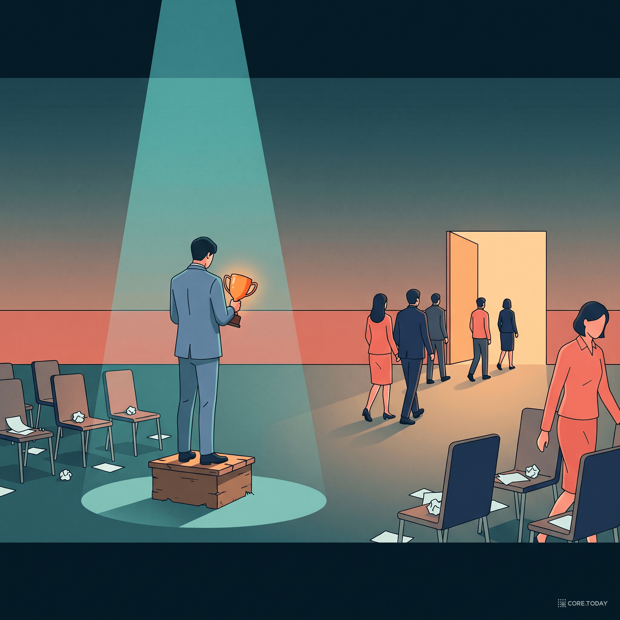 텅 빈 회의실, 홀로 연단 위에서 트로피를 든 사람 — 모두가 문 밖으로 걸어 나가는 '공허한 승리'의 일러스트