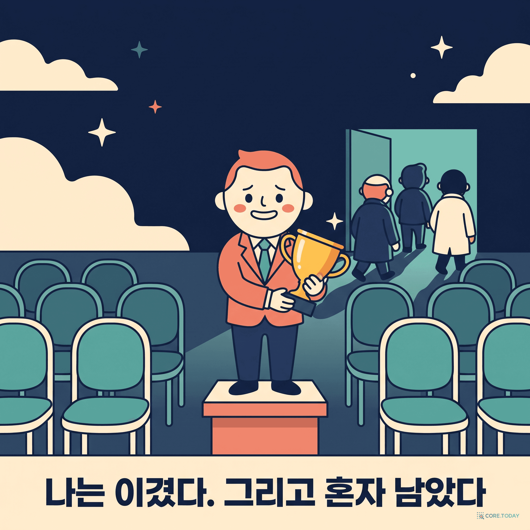 텅 빈 회의실, 홀로 연단 위에서 트로피를 든 사람 — 모두가 문 밖으로 걸어 나가는 '공허한 승리'의 일러스트