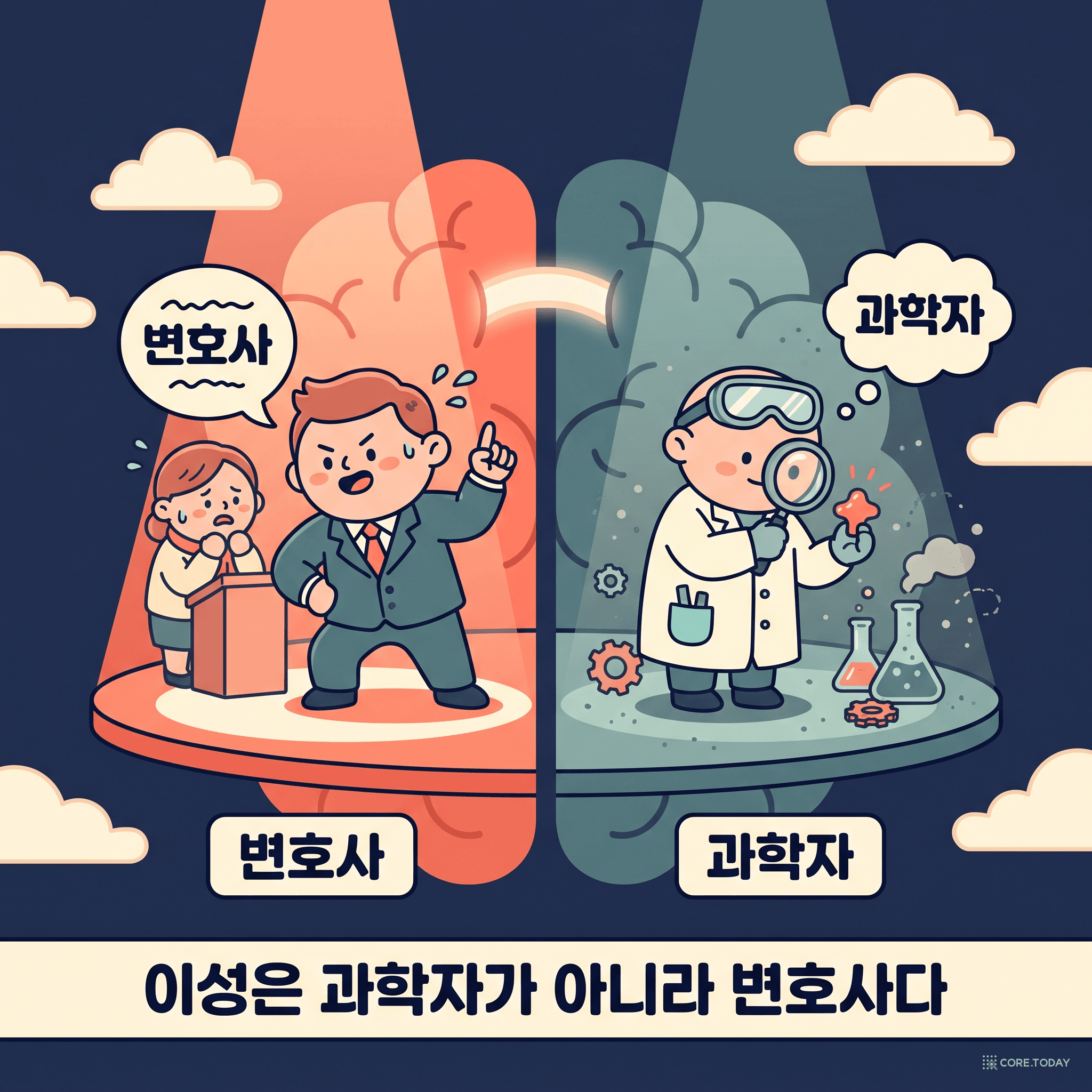 이성의 두 얼굴 — 왼쪽은 의뢰인을 변호하는 변호사, 오른쪽은 증거를 살피는 과학자로 갈라진 하나의 뇌
