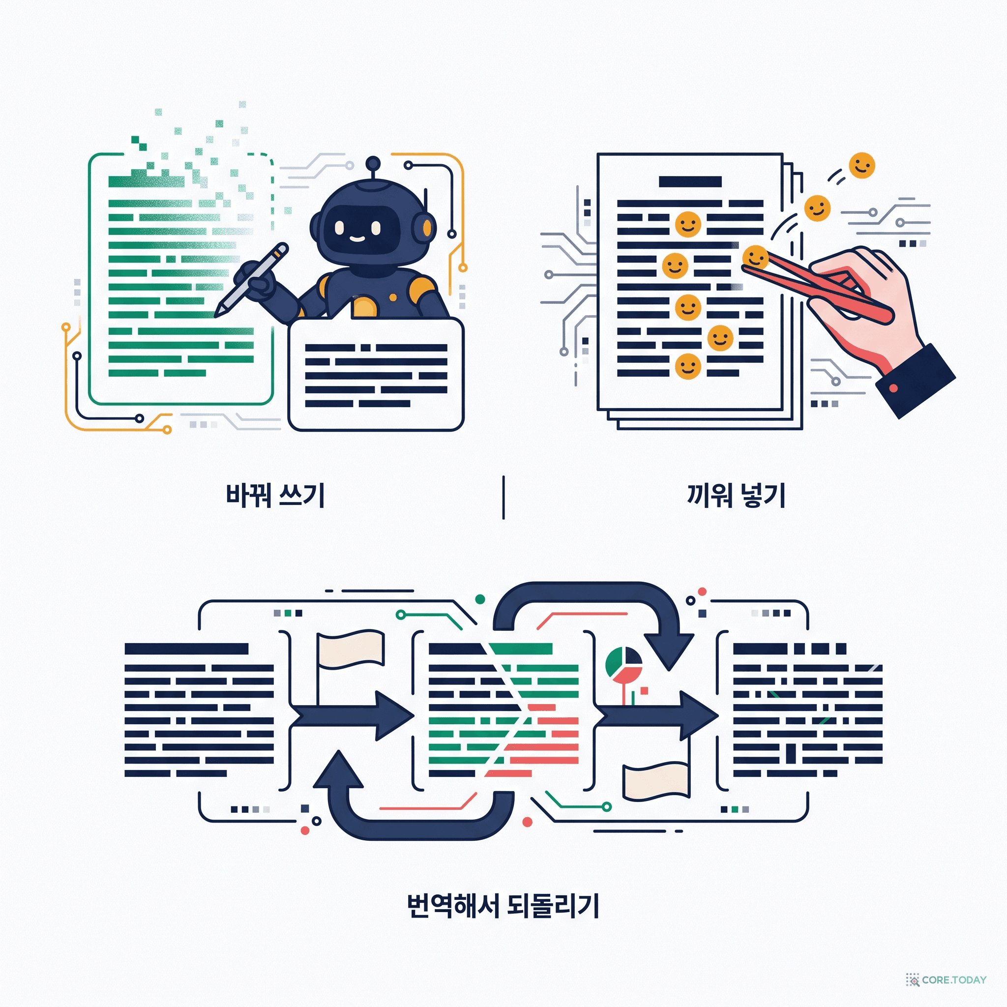 바꿔 쓰기, 끼워 넣기, 번역해서 되돌리기