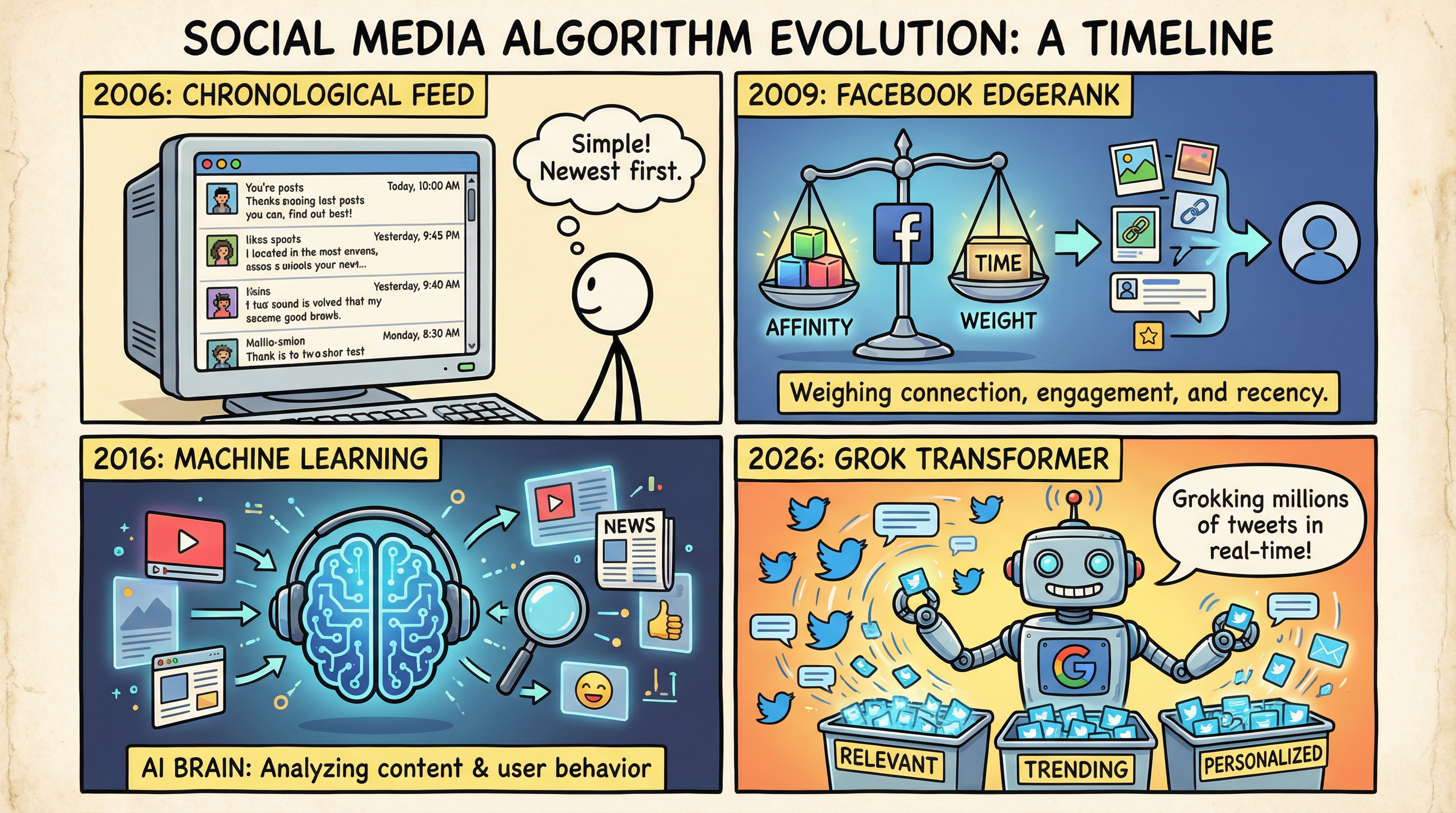 소셜 미디어 알고리즘의 진화 — 2006년 시간순 피드에서 2026년 AI 추천까지