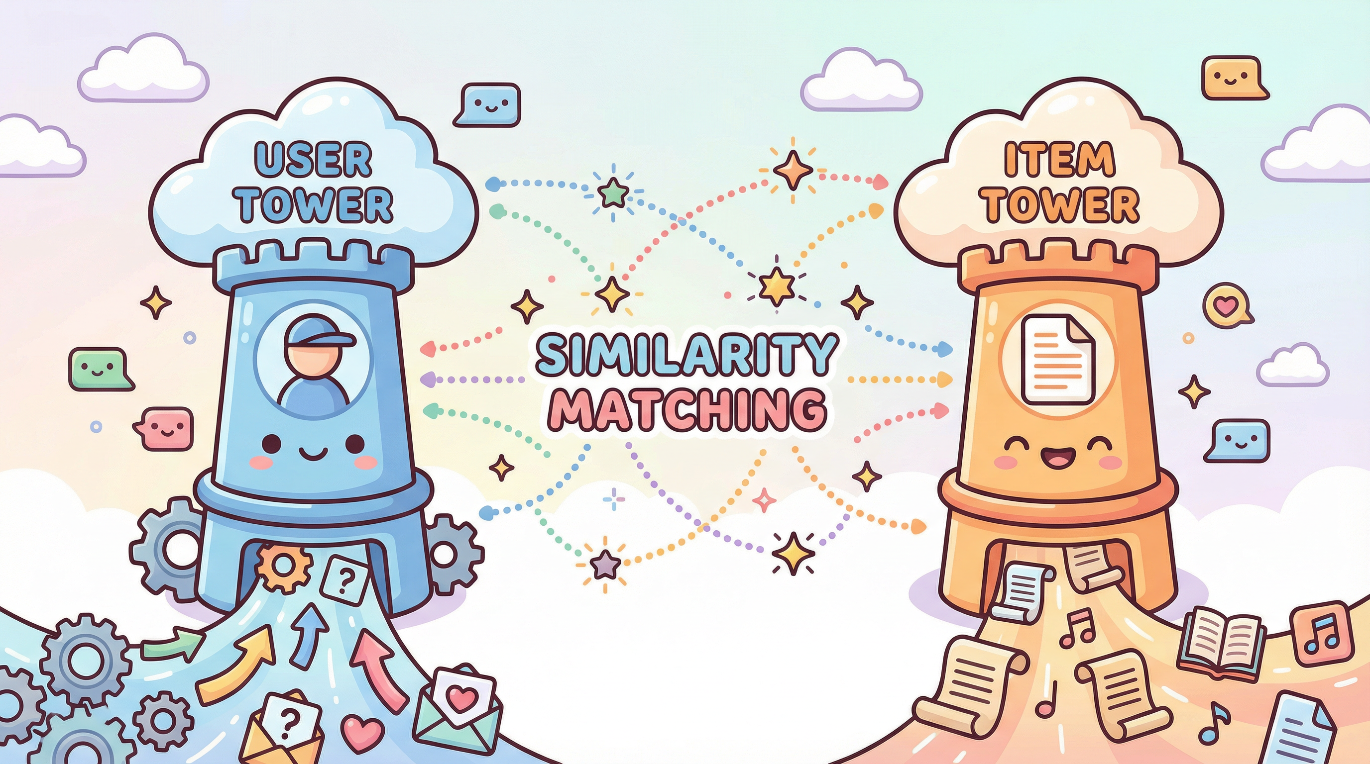 Two-Tower 모델 — 사용자와 콘텐츠를 각각의 타워에서 임베딩하고 유사도로 매칭