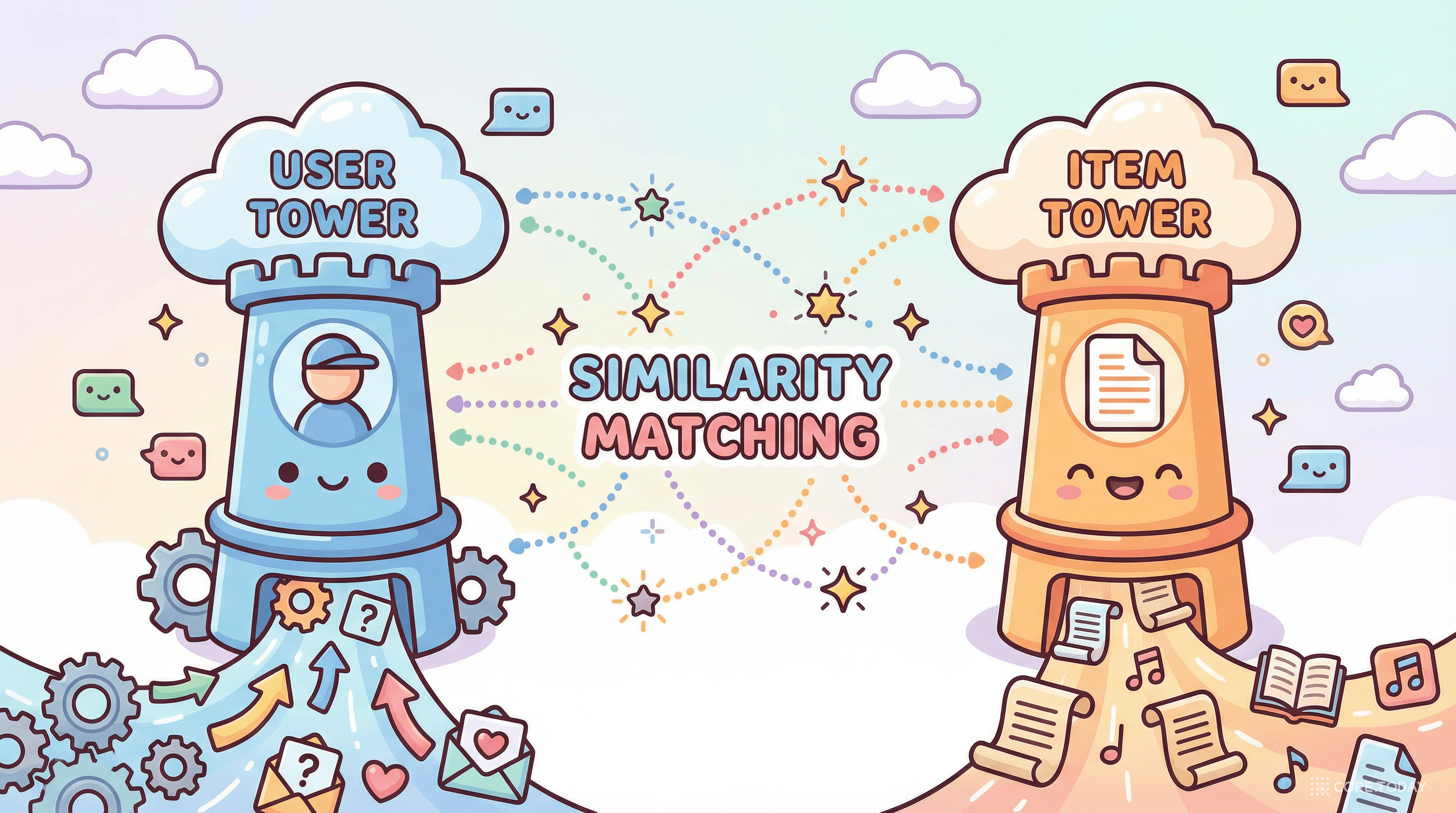 Two-Tower 모델 — 사용자와 콘텐츠를 각각의 타워에서 임베딩하고 유사도로 매칭