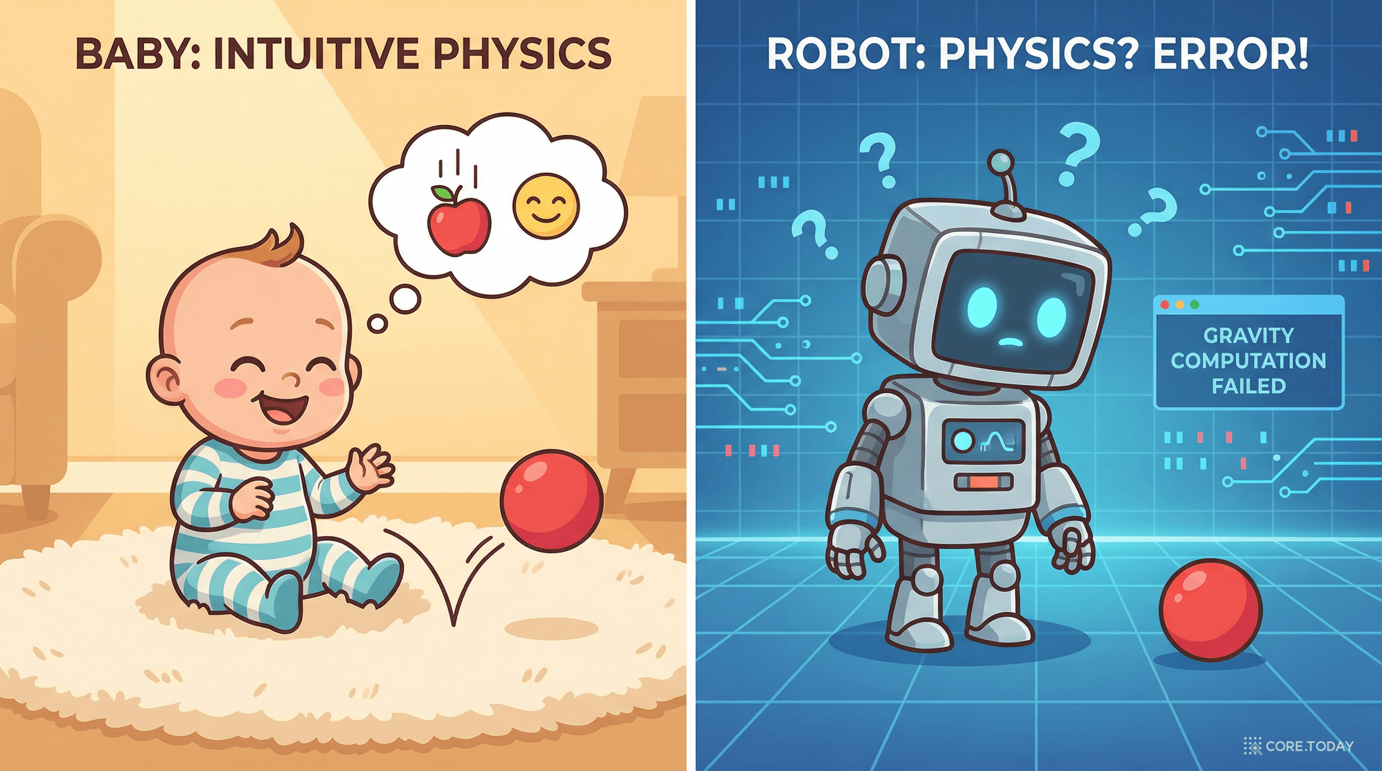 아기는 물리를 직관적으로 이해하지만 AI는 혼란스러워하는 일러스트
