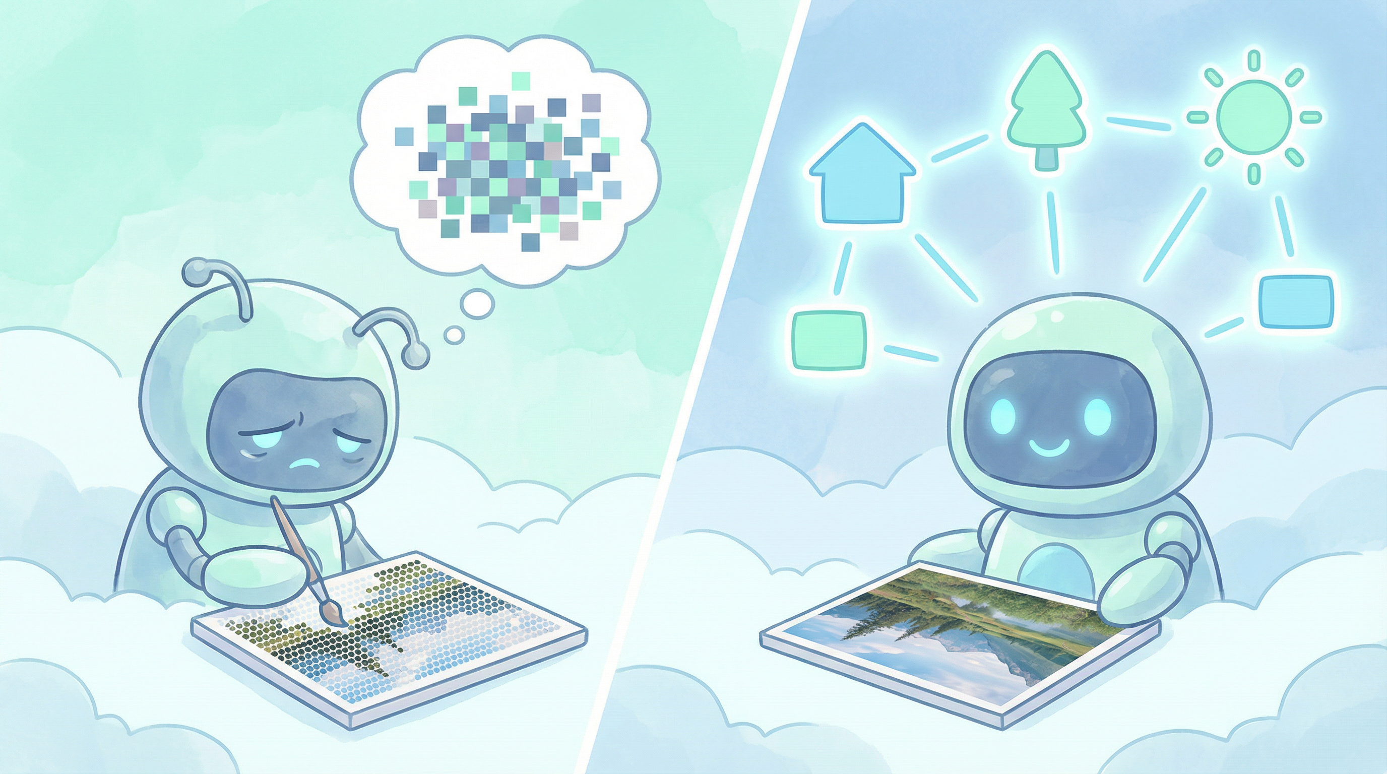 생성 모델 vs JEPA 비교 일러스트