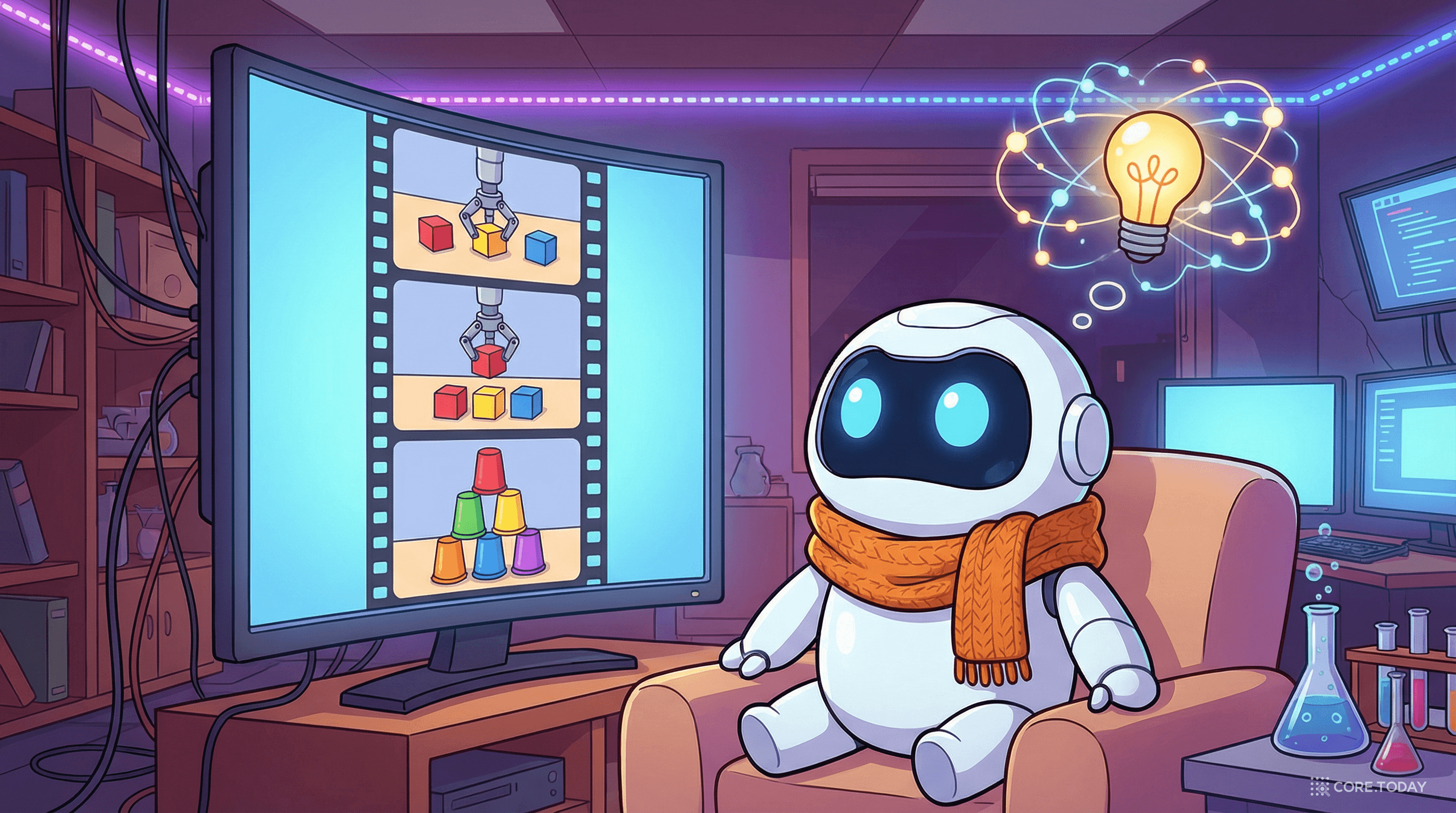 로봇이 비디오를 보며 학습하는 일러스트